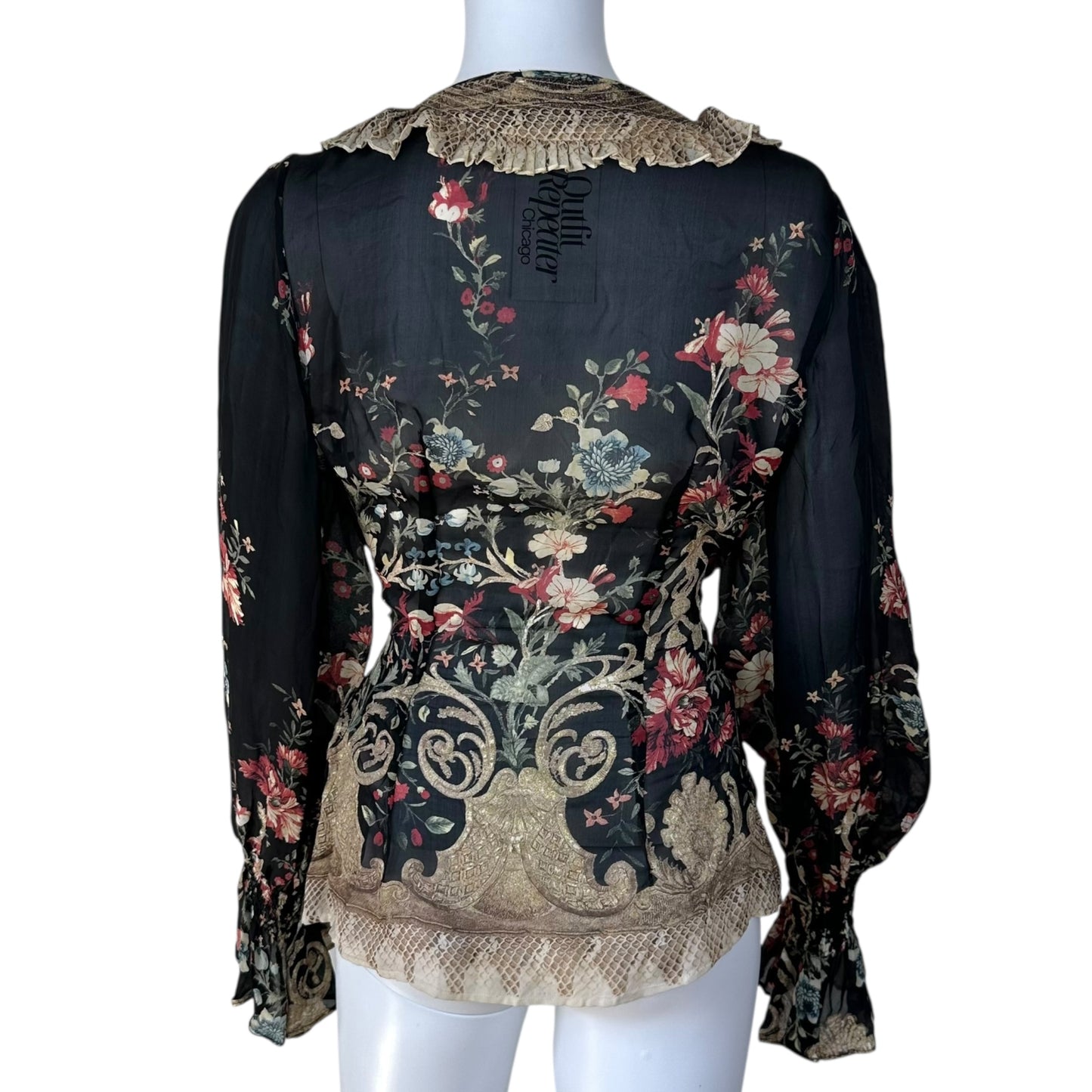 Roberto Cavalli 2006 Black Floral Print Ruffle Trim Silk Blouse