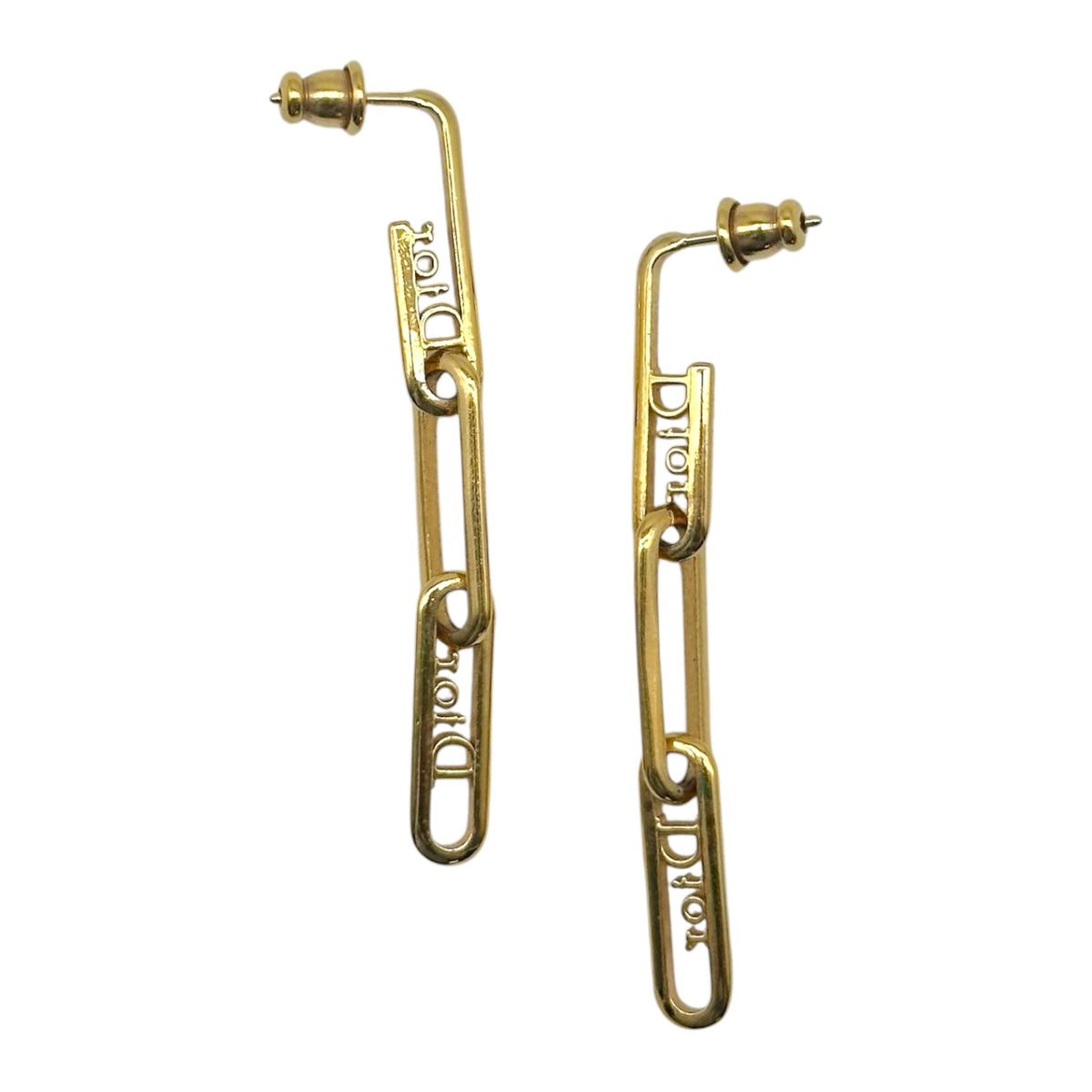 Christian Dior Gold Logo Paper Chain Dangly Earrings