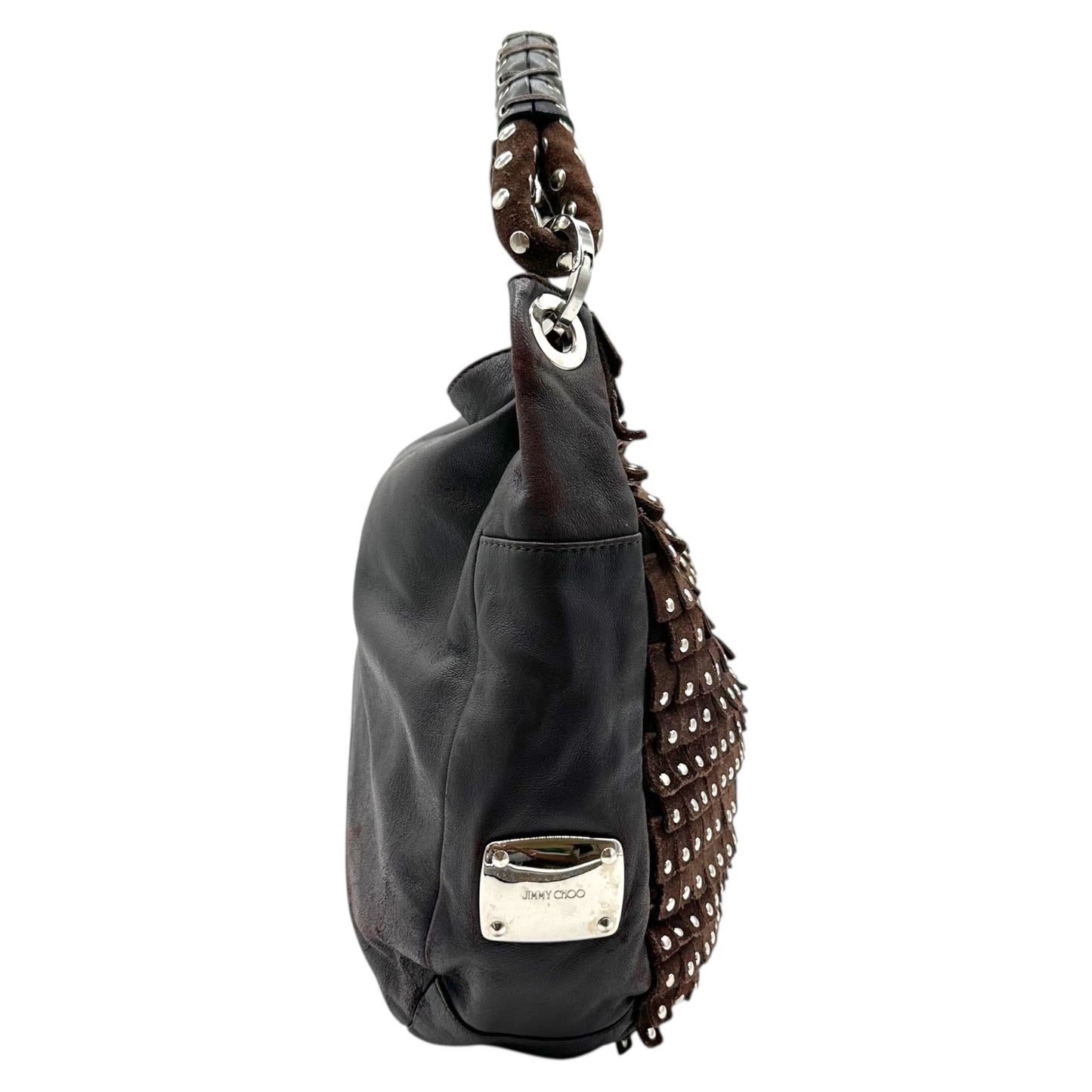 Jimmy Choo Brown Suede & Leather Studded Fringe Hobo Bag