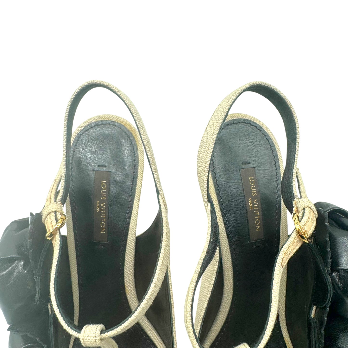 Louis Vuitton Beige Canvas & Black Leather Wooden Platform Heeled Sandals
