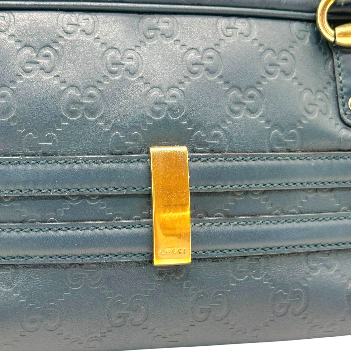 Gucci Navy Blue & Gold Bamboo Guccissima Monogram East-West Shoulder Bag