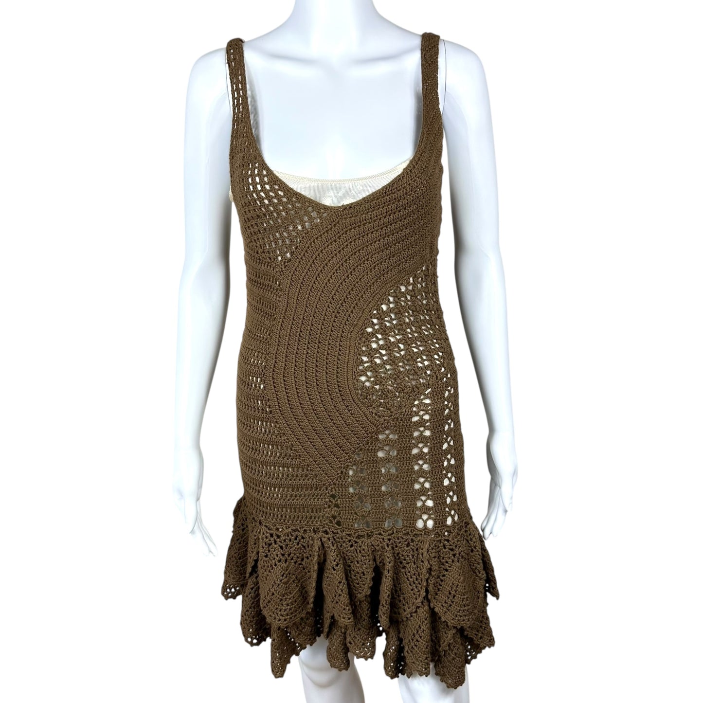 Just Cavalli Brown Crochet Midi Dress w/ Metallic Slip