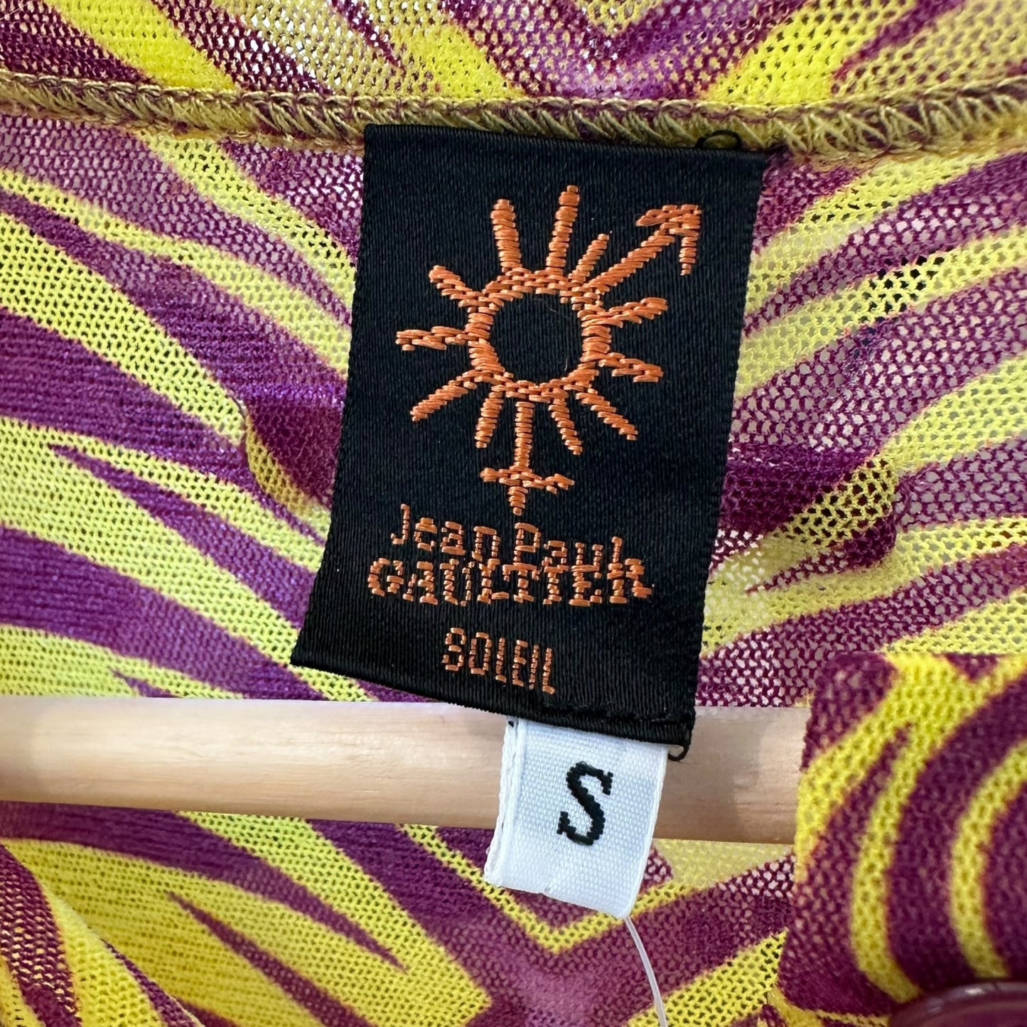 Jean Paul Gaultier Soleil 1996 Purple & Yellow Tribal Print Mesh Crop Cardigan