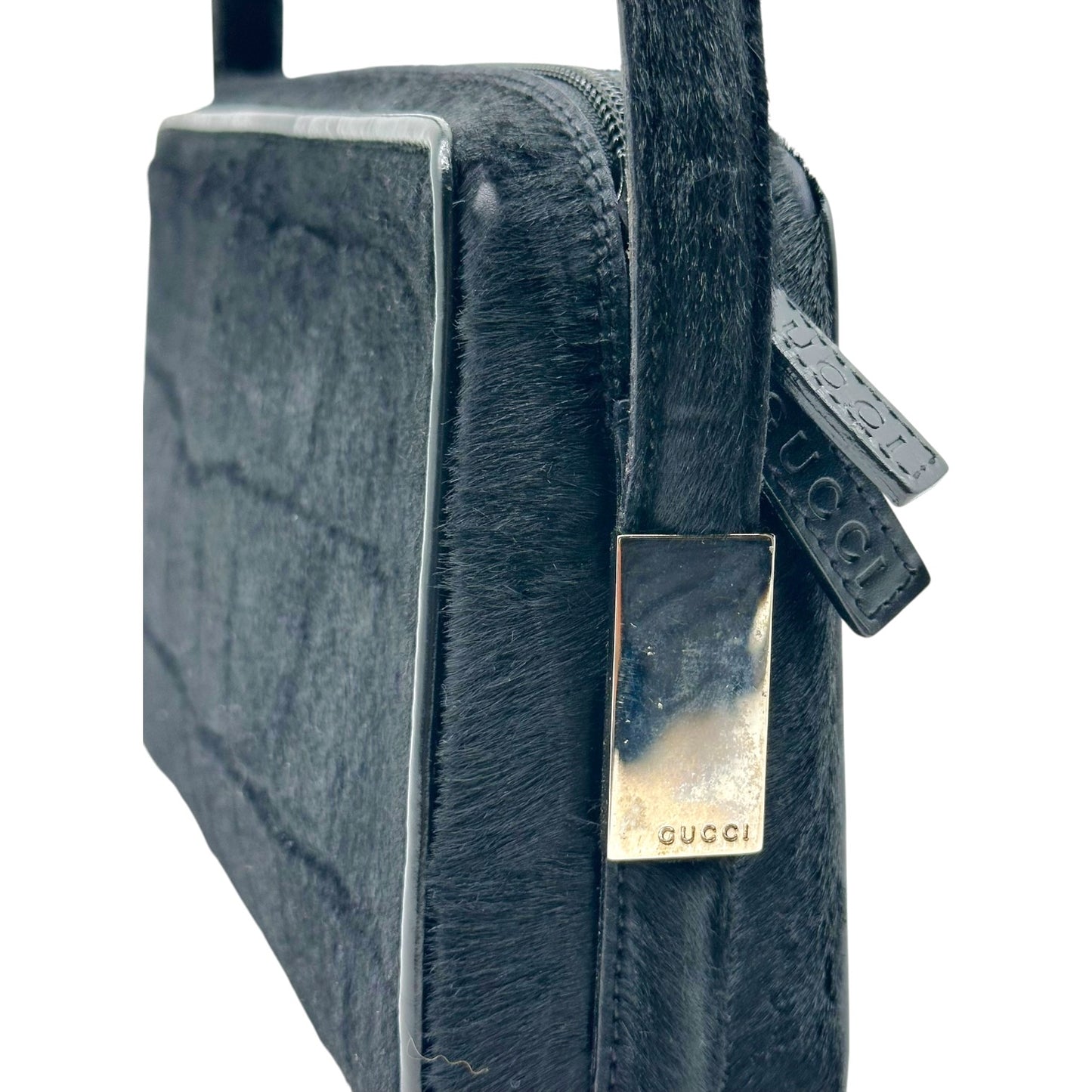 Gucci Black Croc Embossed Ponyhair Shoulder Bag
