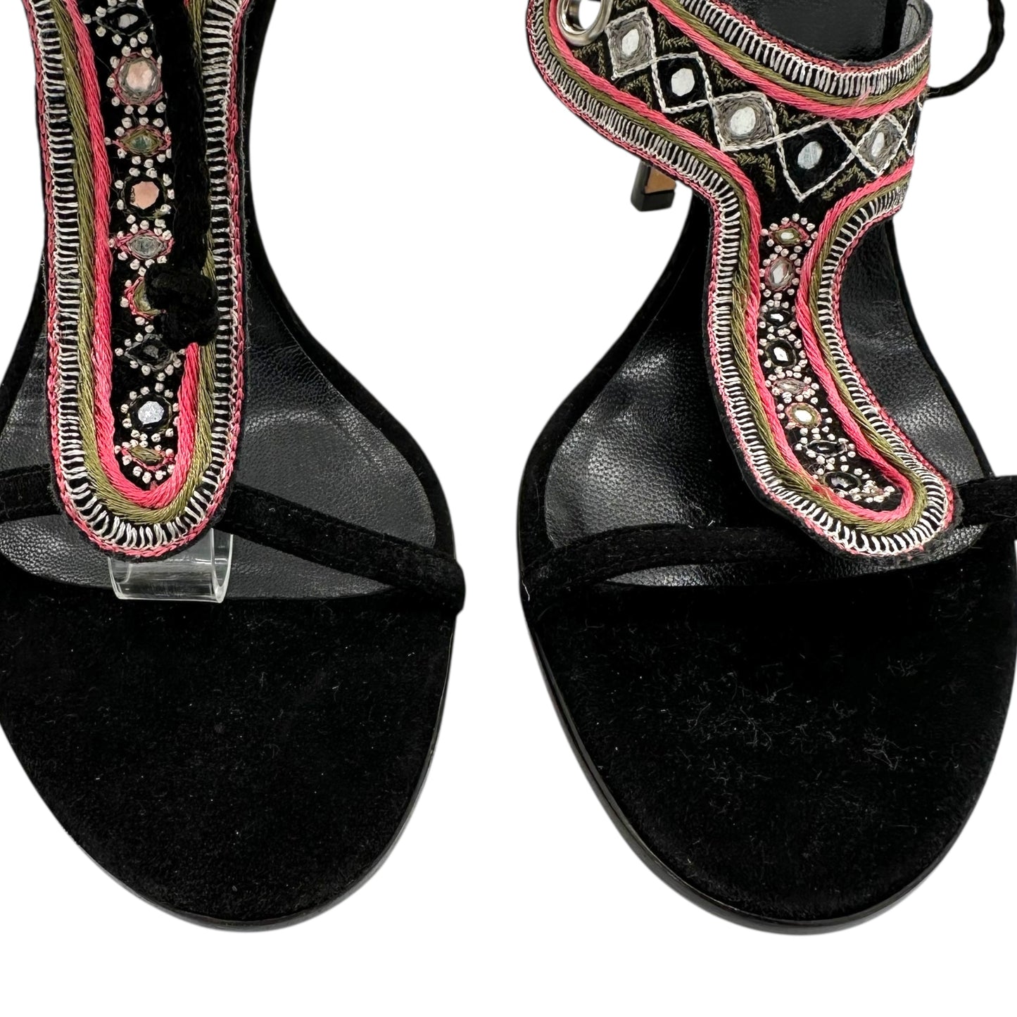 Versace Black Suede Embroidered Wrap Heels