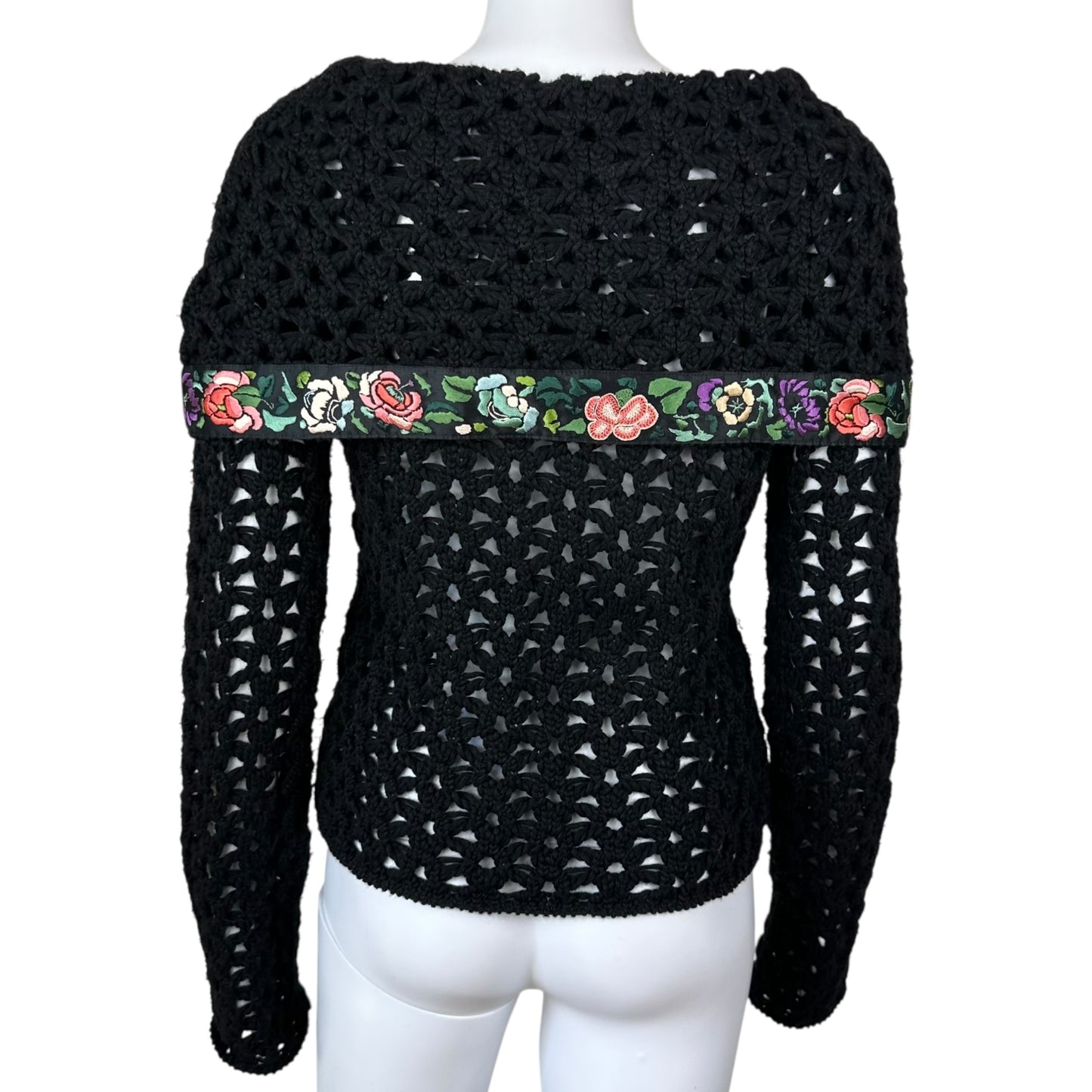 John Galliano F/W 2002 Black Open Knit Floral Trim Sweater