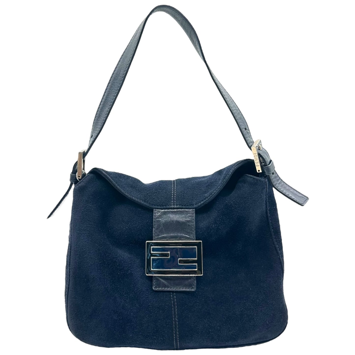 Fendi Navy Blue Suede Fold-Over Baguette Bag
