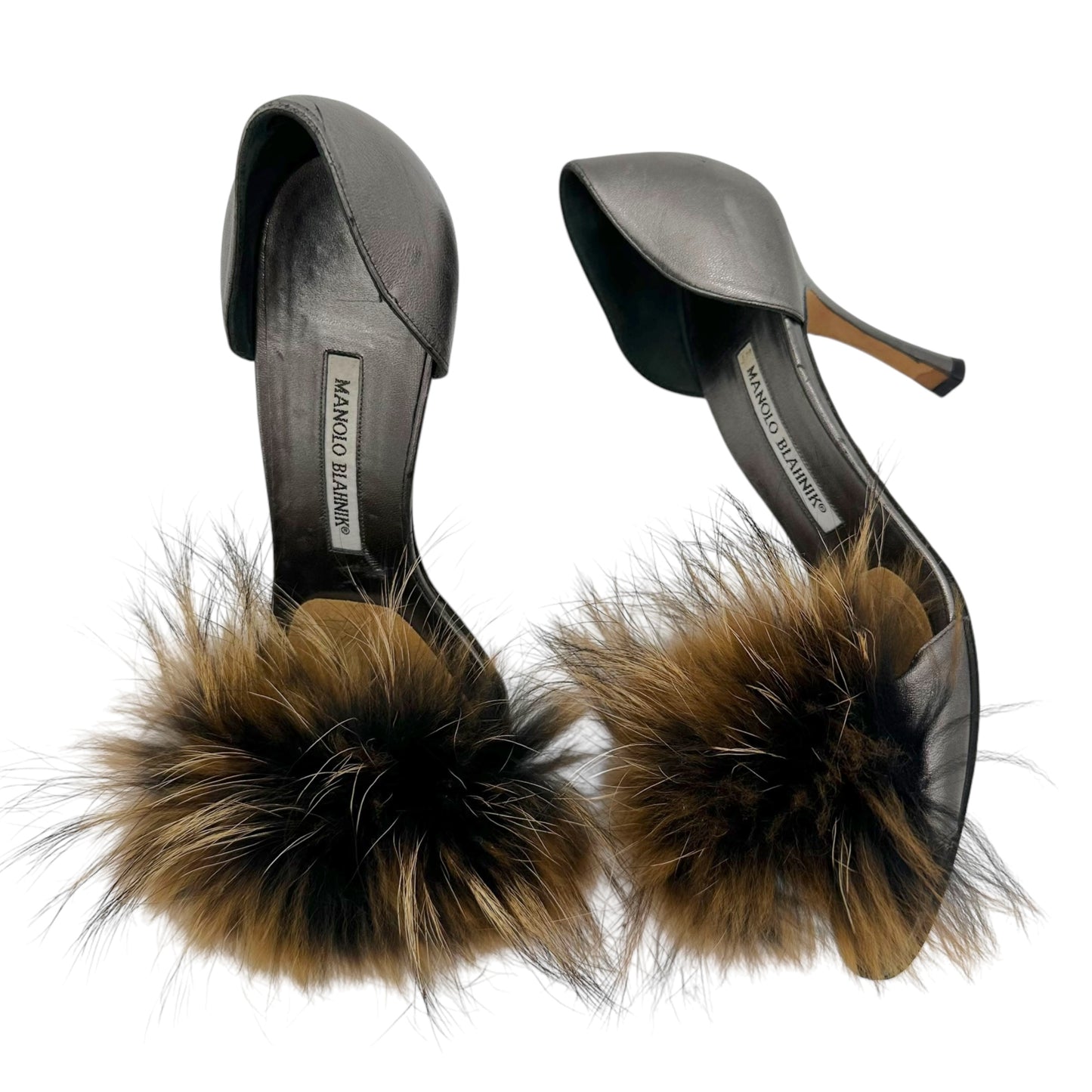 Manolo Blahnik Metallic Silver & Brown Fox Fur D'Orsay Heels