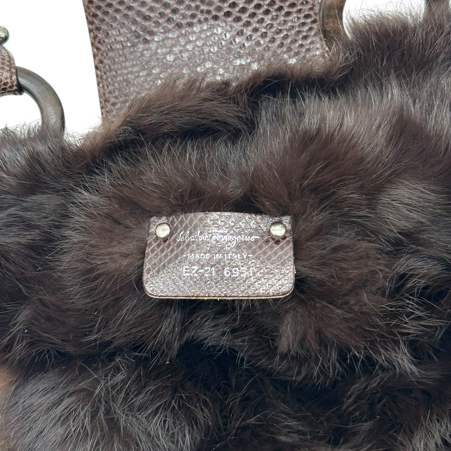 Salvatore Ferragamo Brown Fur Trim Wood Beaded Shoulder Bag