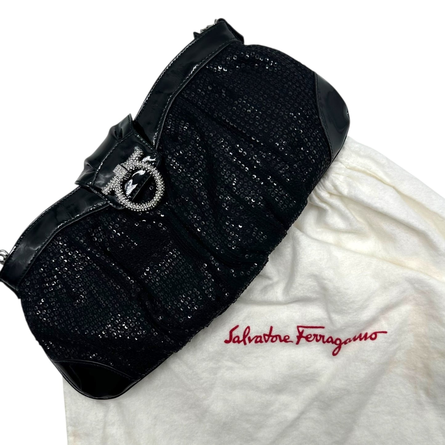 Salvatore Ferragamo Black Sequin & Crystal Gancini 2-Way Evening Bag