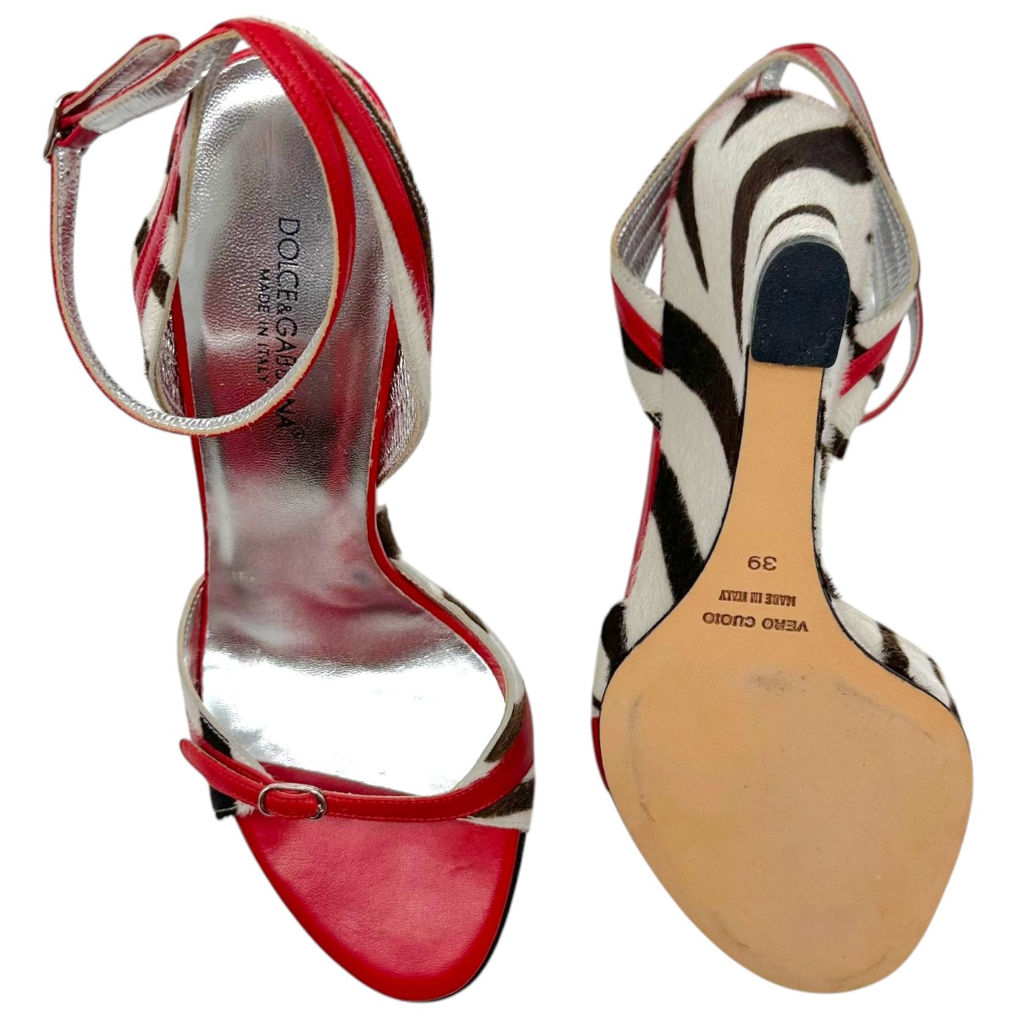 Dolce & Gabbana Zebra Print Ponyhair & Red Leather Wedge Heel Sandals