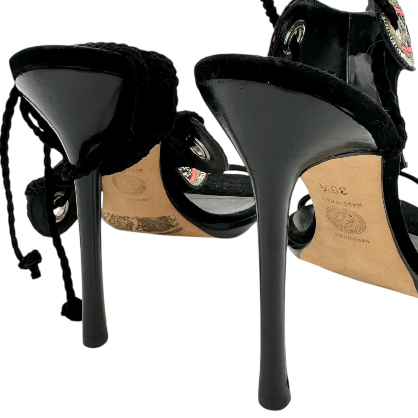 Versace Black Suede Embroidered Wrap Heels