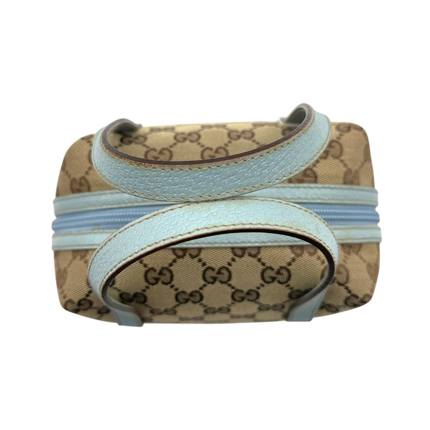 Gucci Tan Monogram Blue Leather Trim Mini Pochette Bag