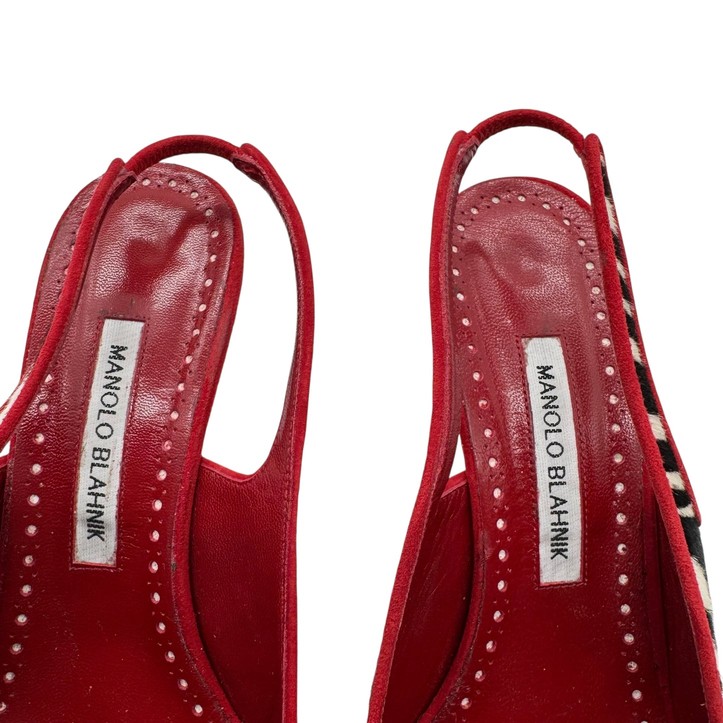 Manolo Blahnik Zebra & Red Leather Ponyhair Slingback Kitten Heels