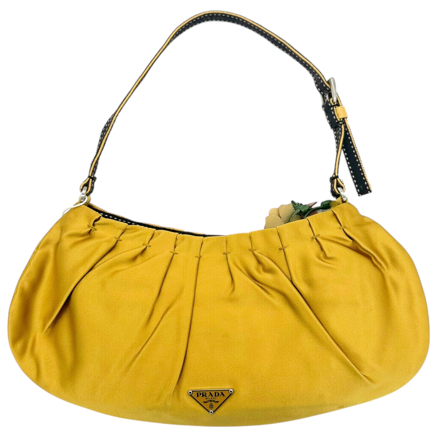 Prada Yellow Silk Floral Applique Shoulder Bag