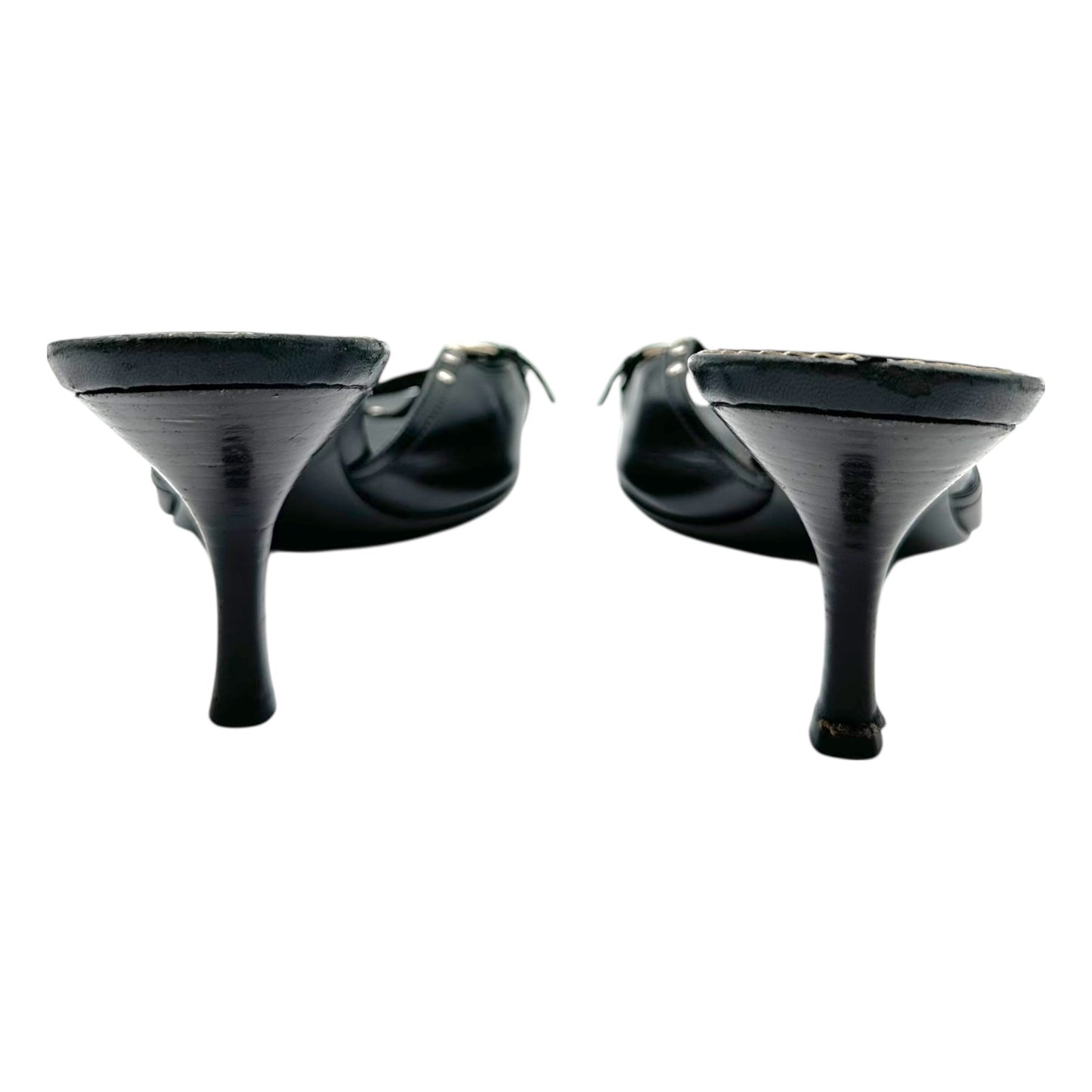 Prada Black Leather Rivet Embellished Kitten Heel Sandals