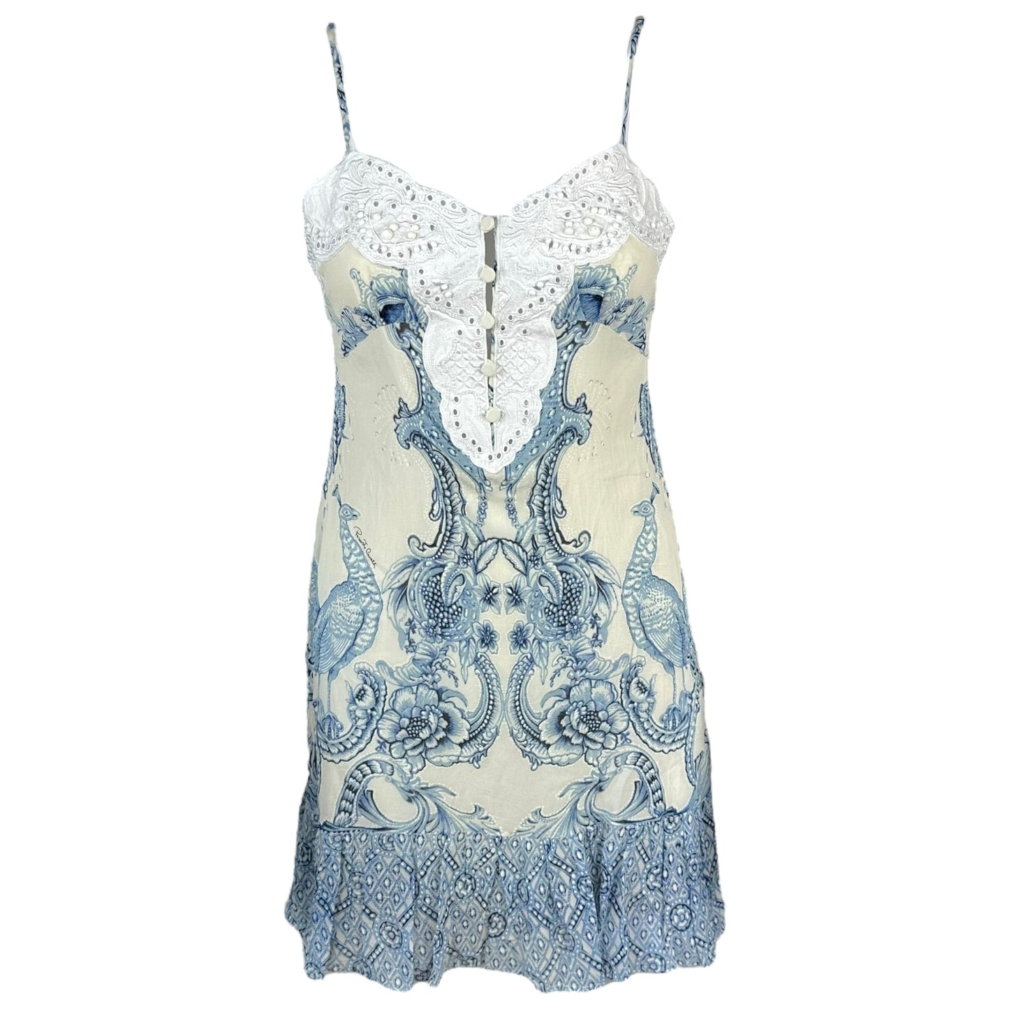 Roberto Cavalli Blue & White Paisley Silk Mini Dress