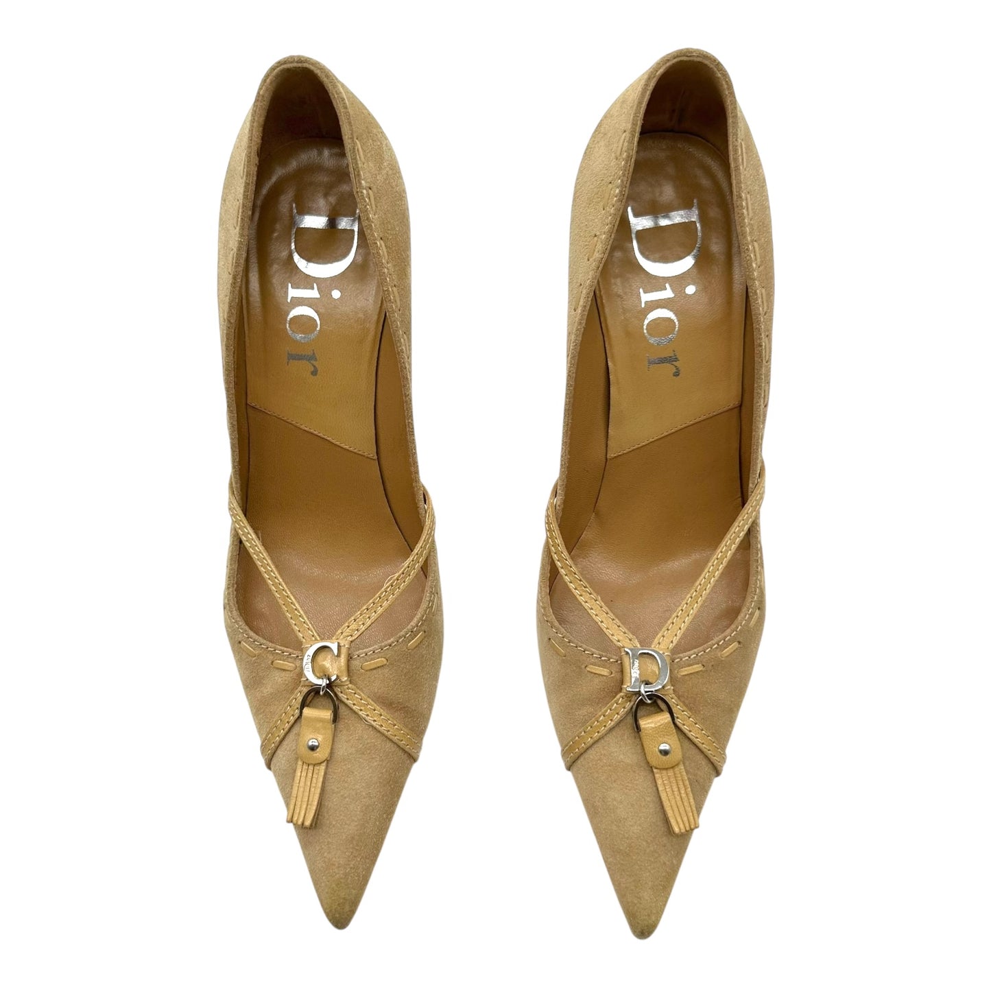 Christian Dior Tan Suede CD Logo Pointed Toe Heels
