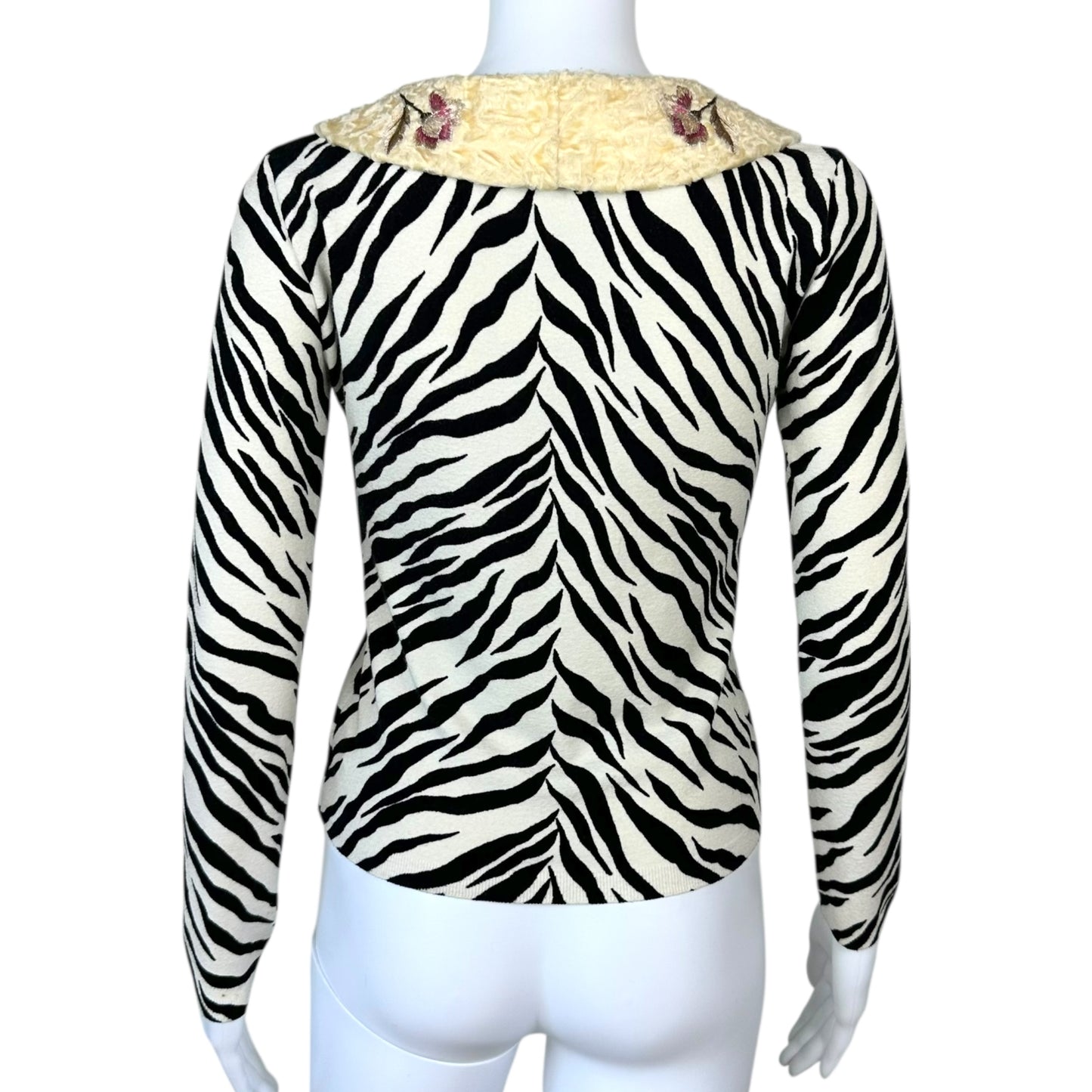 Anna Molinari Blumarine Zebra Print Floral Embroidered Collar Cardigan