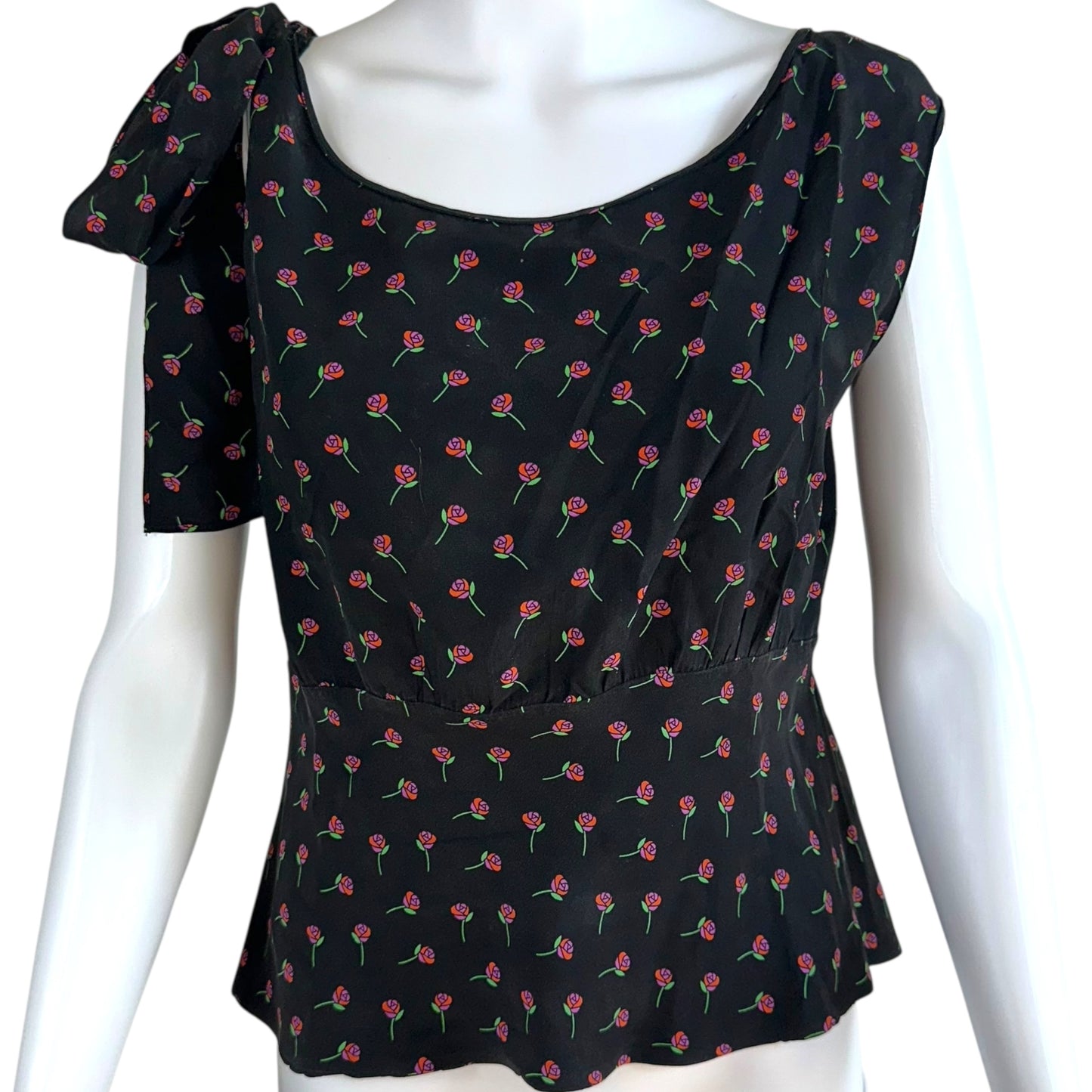 Prada Black & Pink Floral Print Sleeveless Silk Blouse