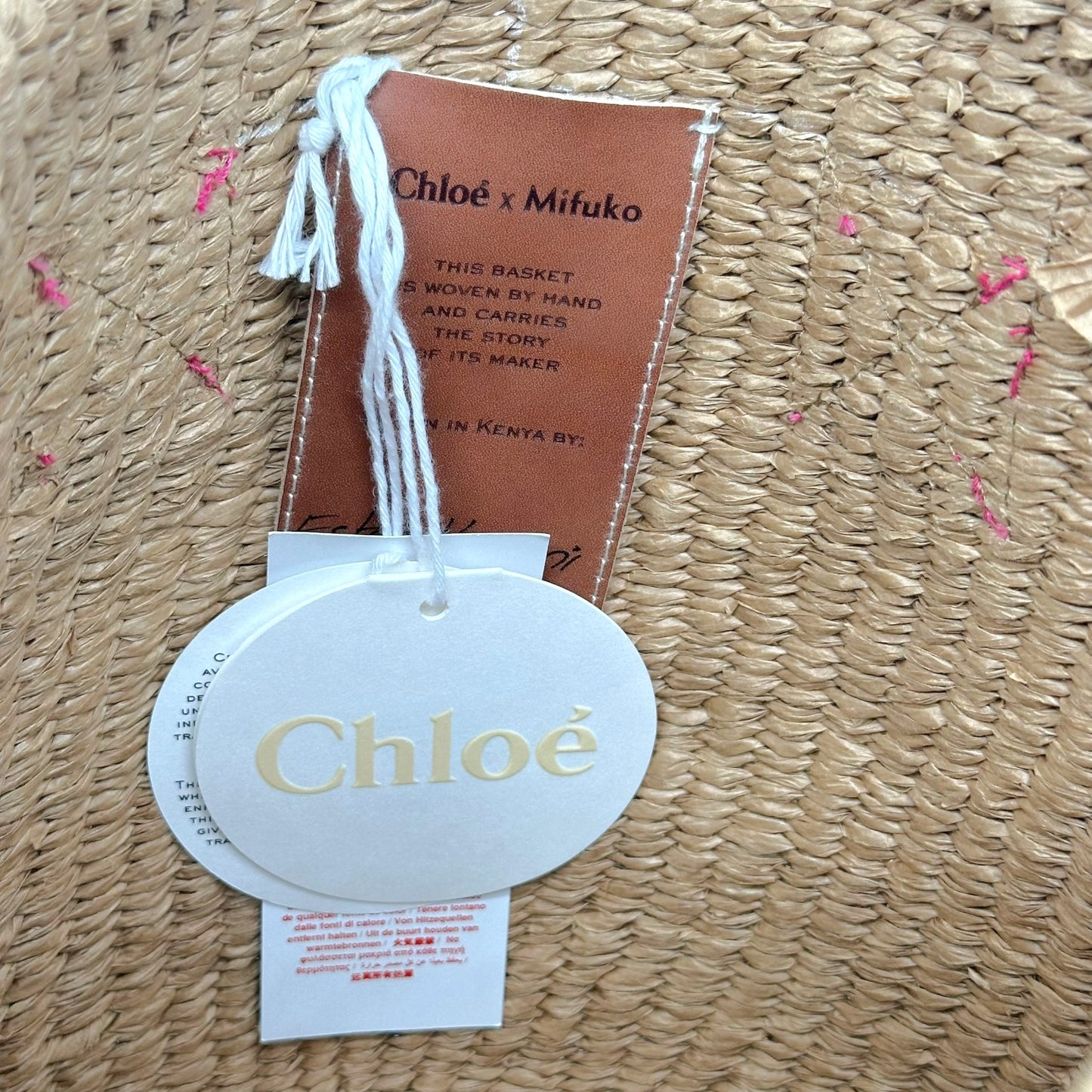Chloé Pink Logo Handle Woven Wicker Basket Bag NEW