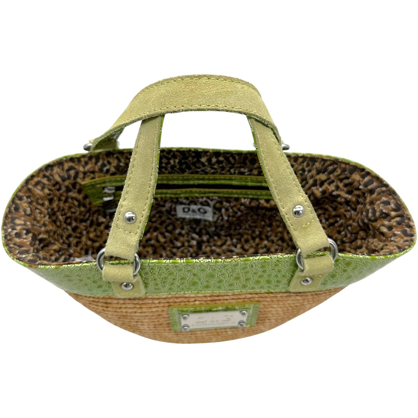 Dolce & Gabbana Green Croc Trim Mini Raffia Beach Bag