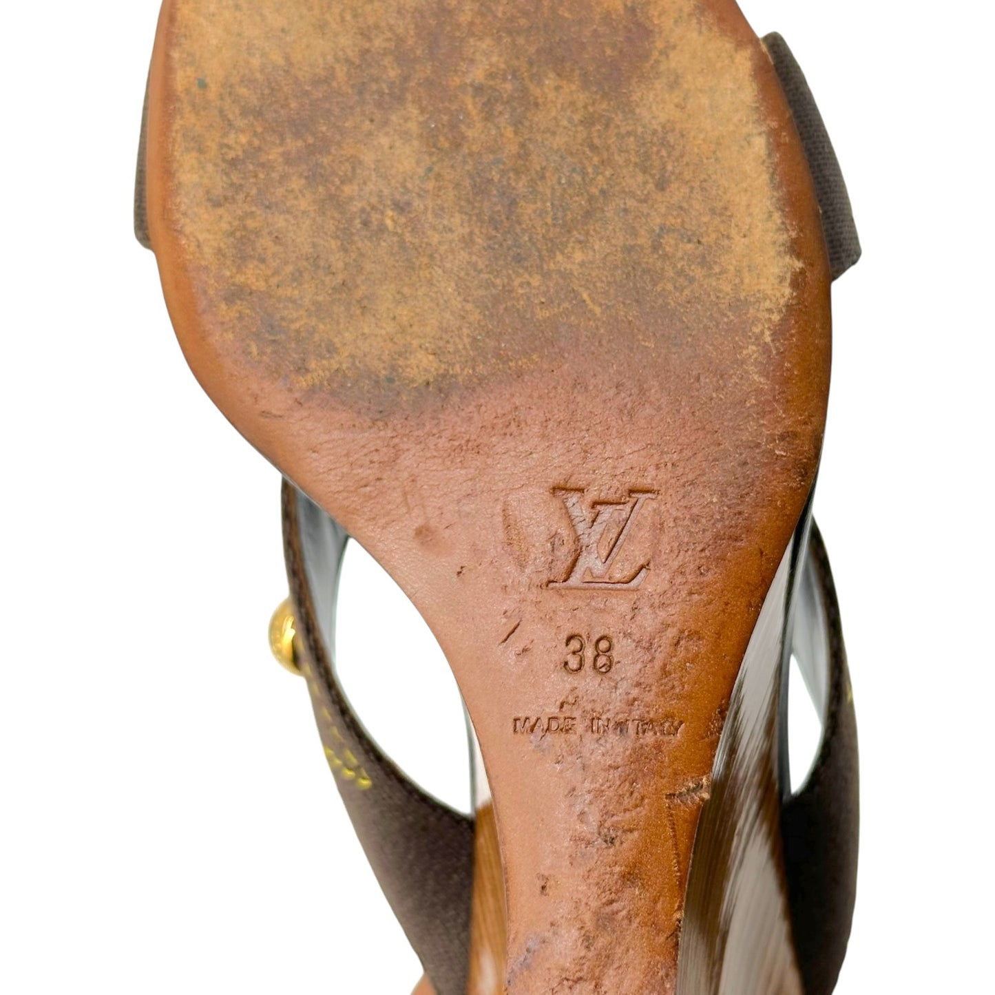 Louis Vuitton Gold Studded Cross Front Wooden Mule Heels - Outfit Repeater