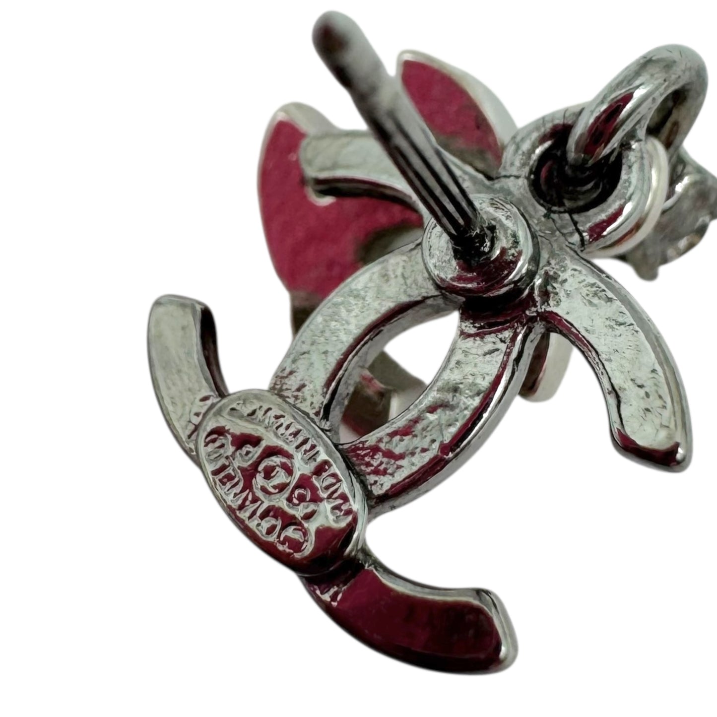 Chanel Gunmetal & Crystal Dangly Double Logo Stud Earrings