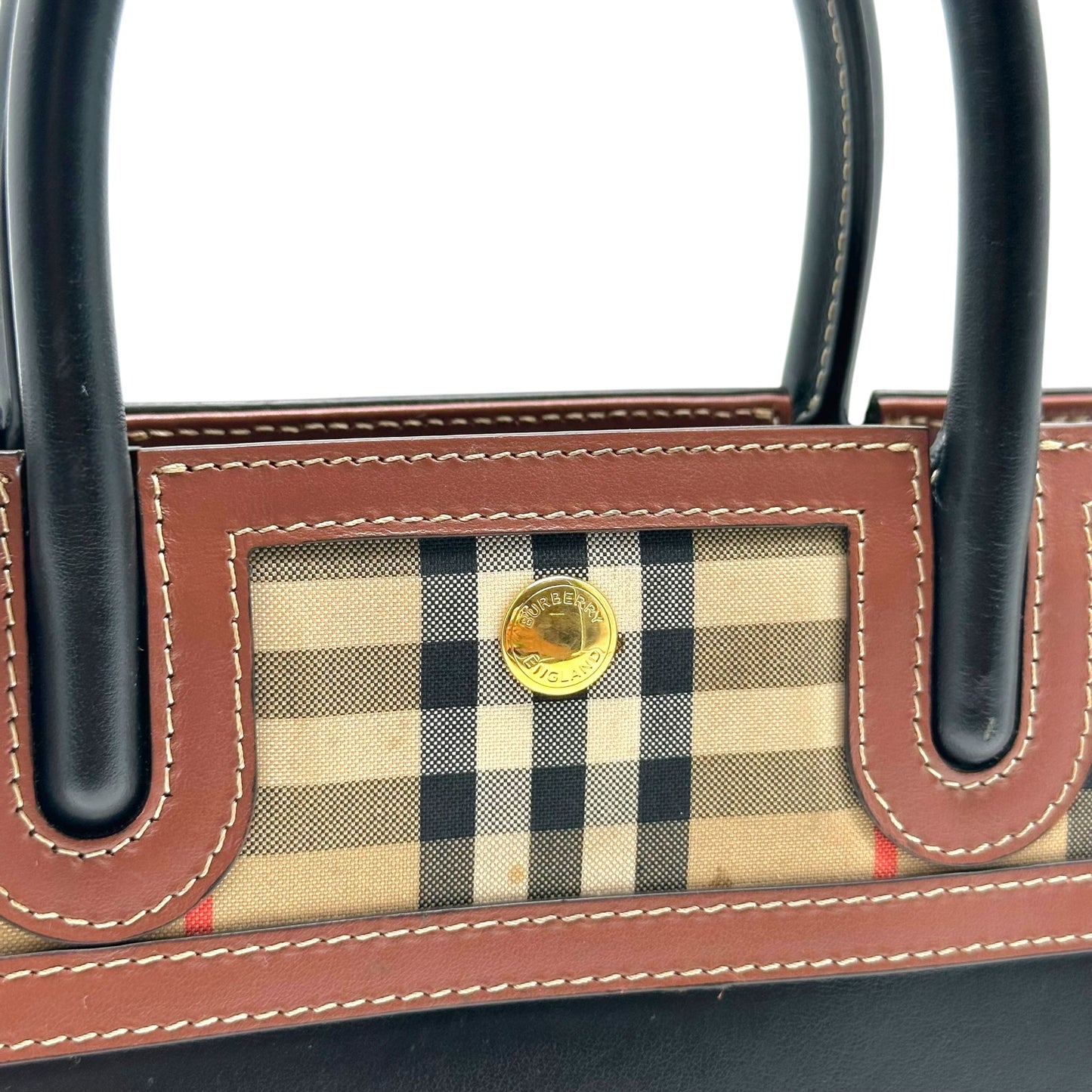 Burberry Mini Tote Bag Black Leather Nova Check Plaid