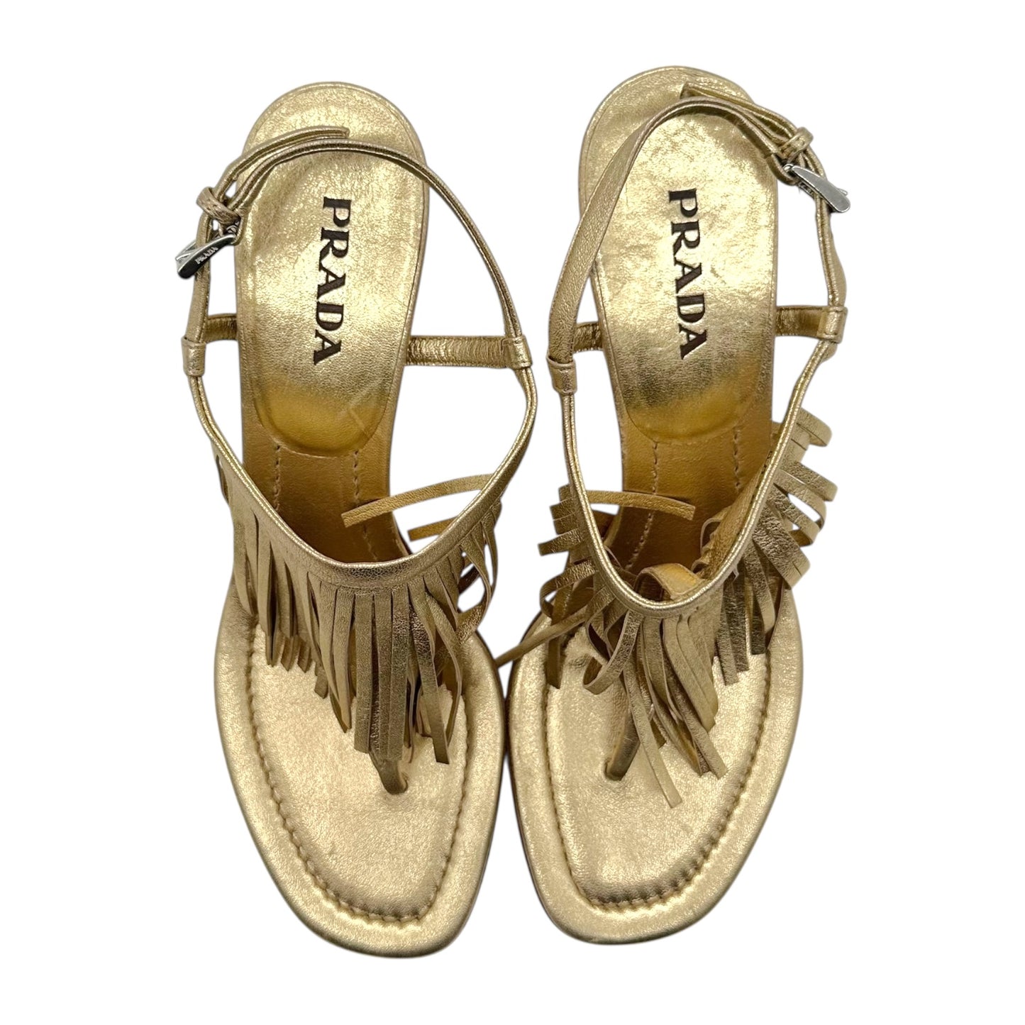 Prada Gold Fringe Kitten Heel Thong Sandals