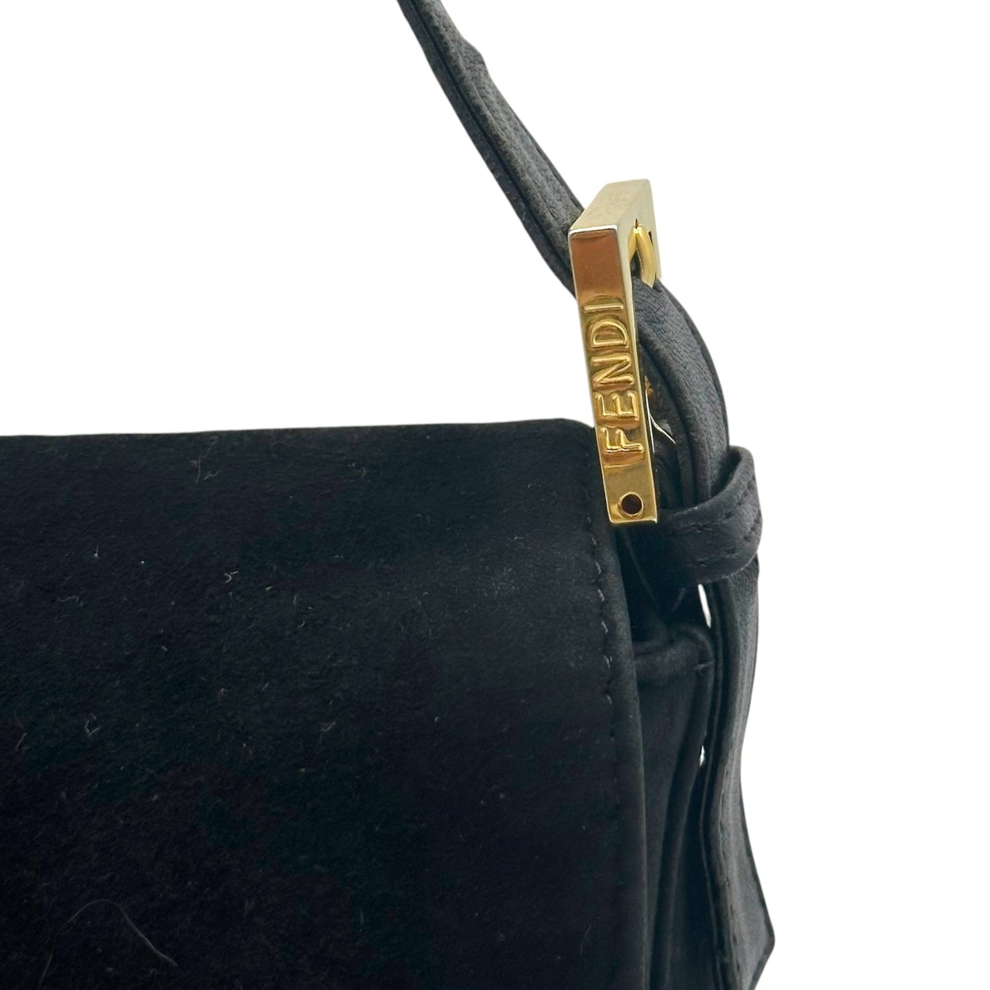 Fendi Black Suede Baguette Bag With Red Glitter Buckle