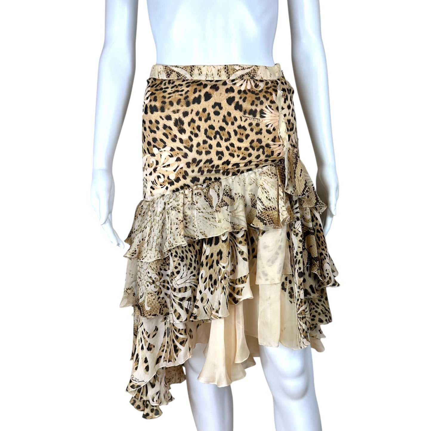 Roberto Cavalli 2006 Leopard & Python Print Tiered Silk Skirt