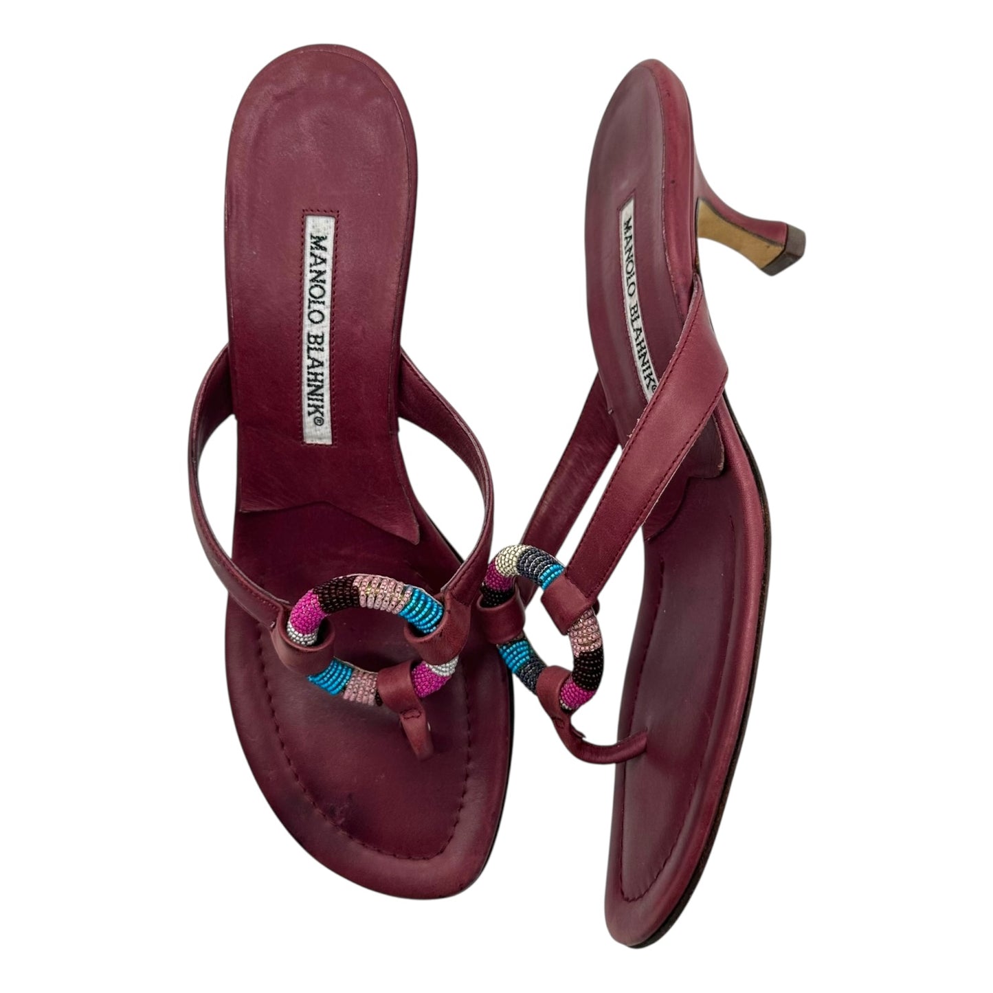Manolo Blahnik Burgundy Beaded Flip Flop Kitten Heels