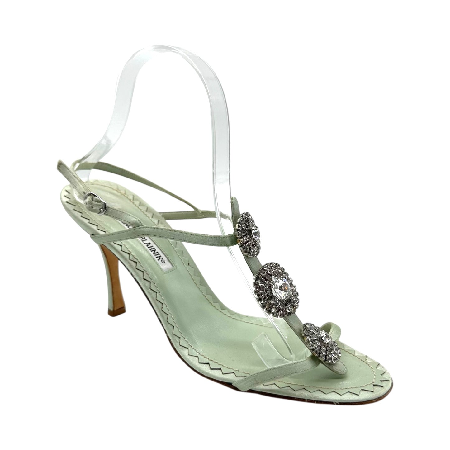 Manolo Blahnik Mint Green Silk Crystal Embellished Strappy Heels