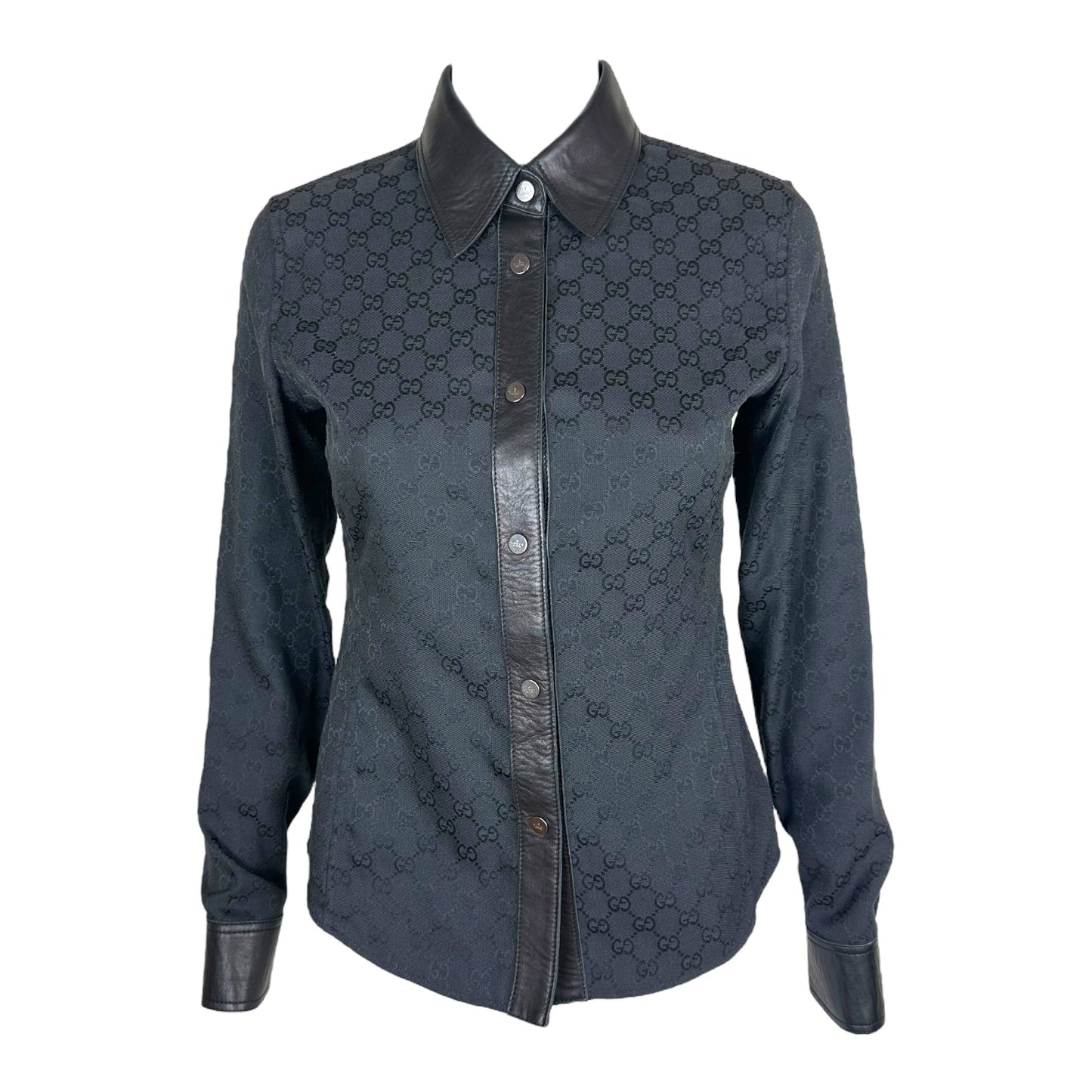 Gucci by Tom Ford F/W 2000 Black Monogram & Leather Button Up Top