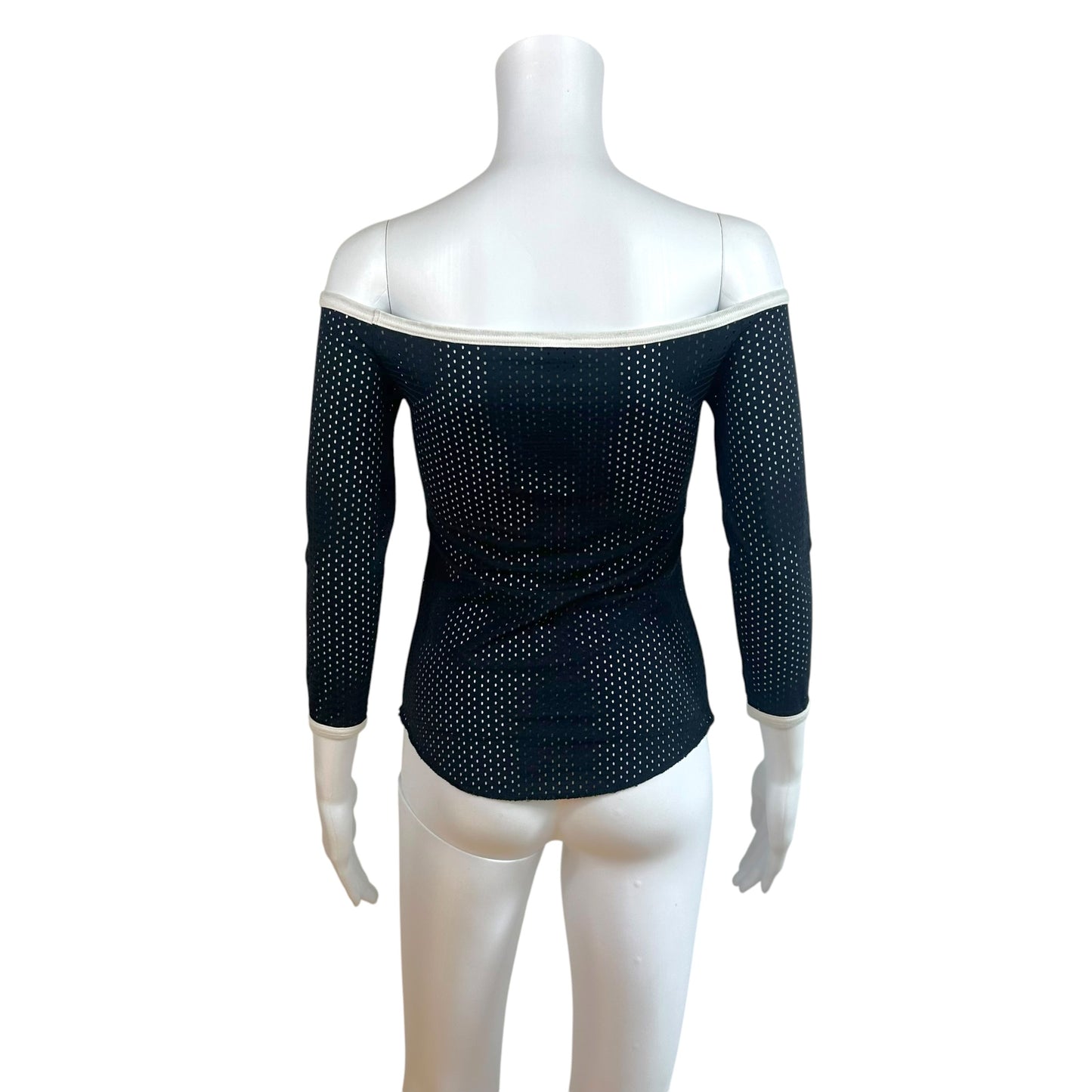 Jean Paul Gaultier Black & White 'JPG's Pin-Up' 3/4 Sleeve Off Shoulder Jersey Top