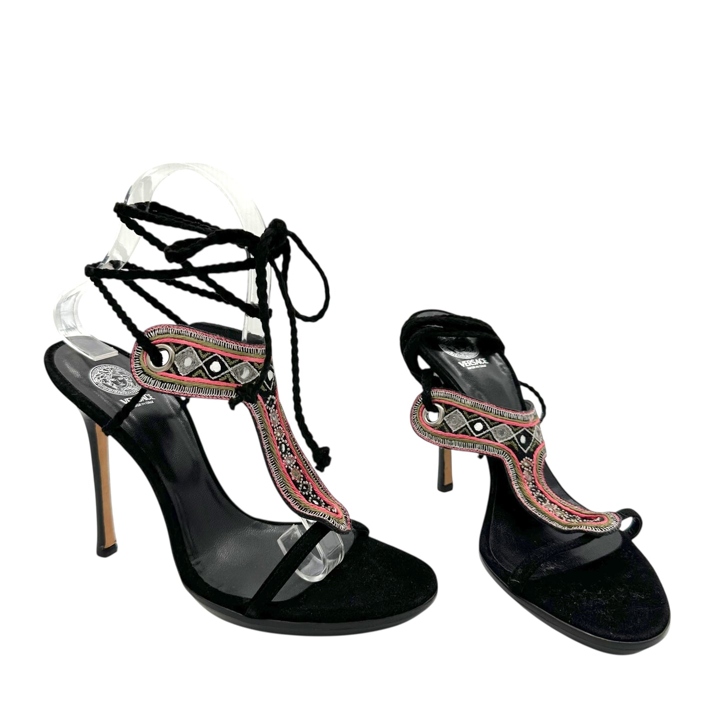 Versace Black Suede Embroidered Wrap Heels
