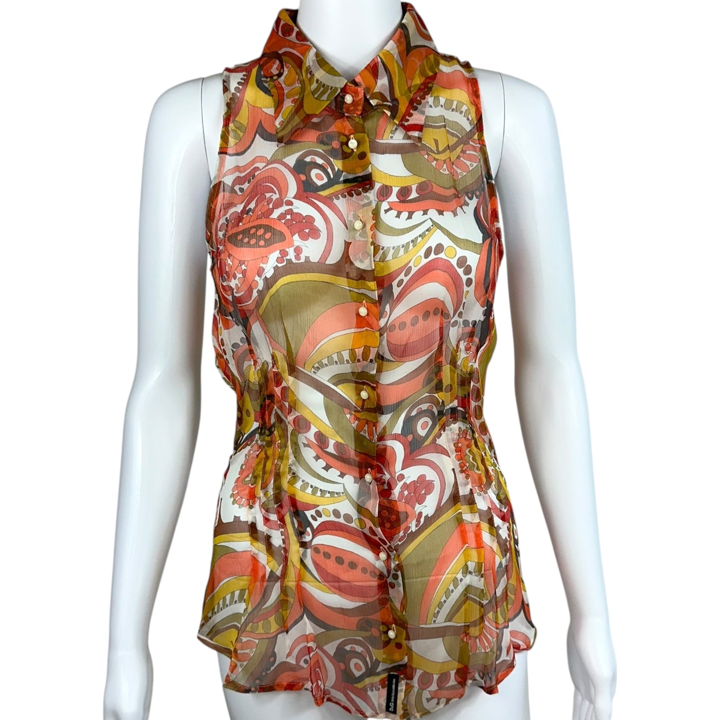 D&G Dolce & Gabbana Sheer Pink & Orange Silk Sleeveless Blouse