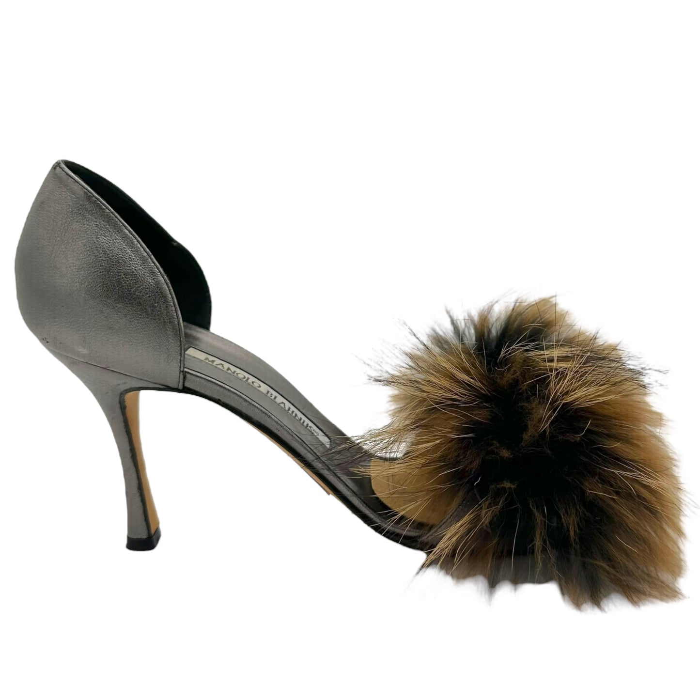 Manolo Blahnik Metallic Silver & Brown Fox Fur D'Orsay Heels