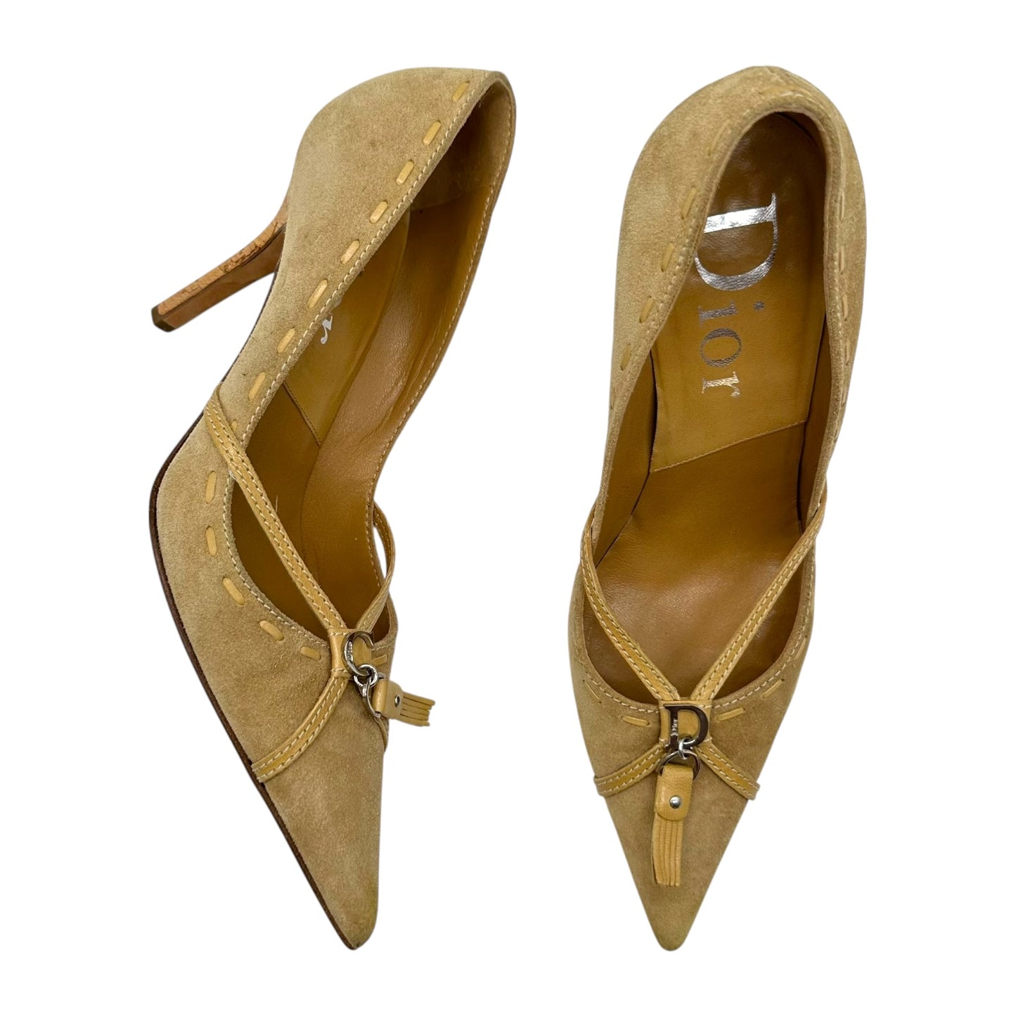 Christian Dior Tan Suede CD Logo Pointed Toe Heels
