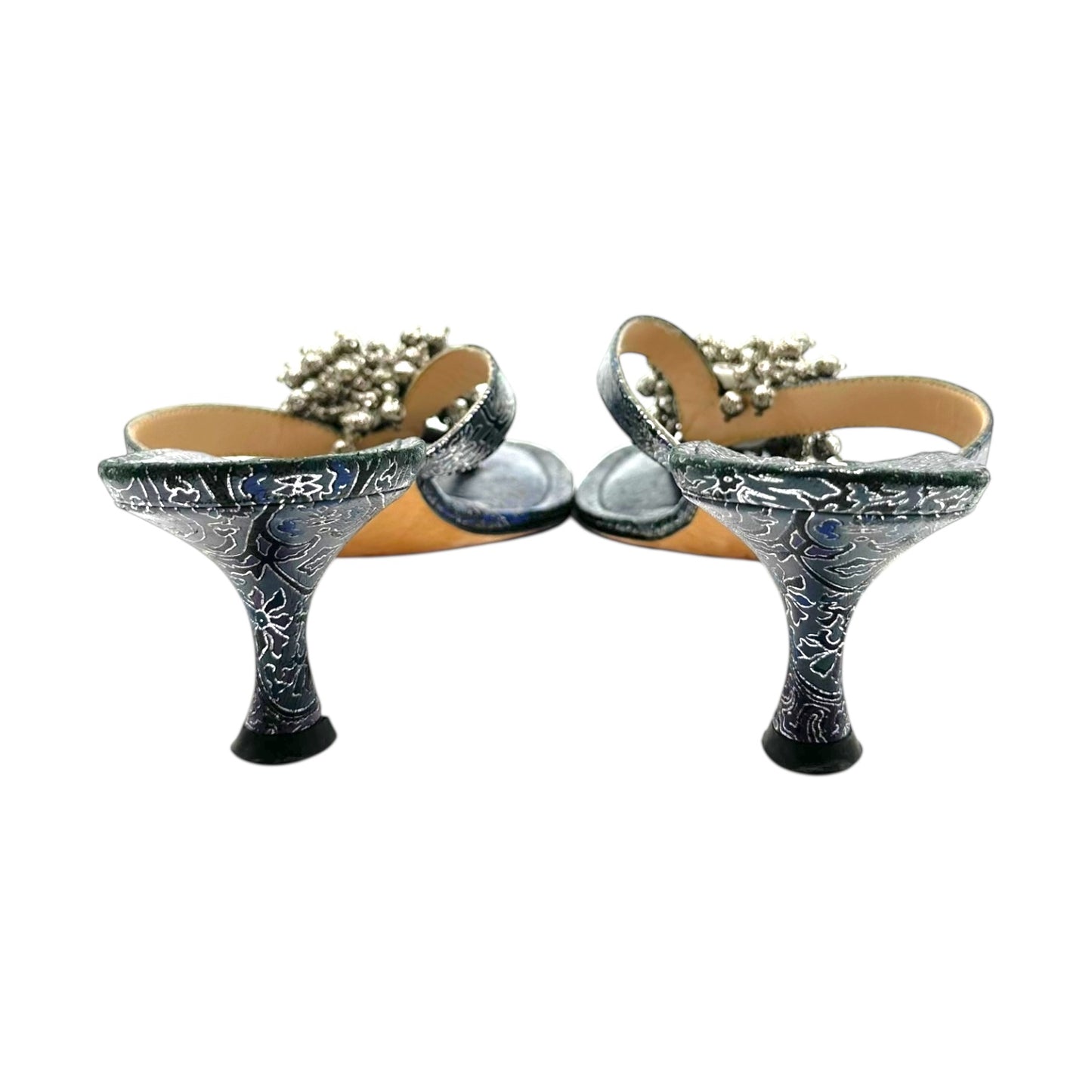 Manolo Blahnik Silver Beaded Kitten Heel Flip Flops