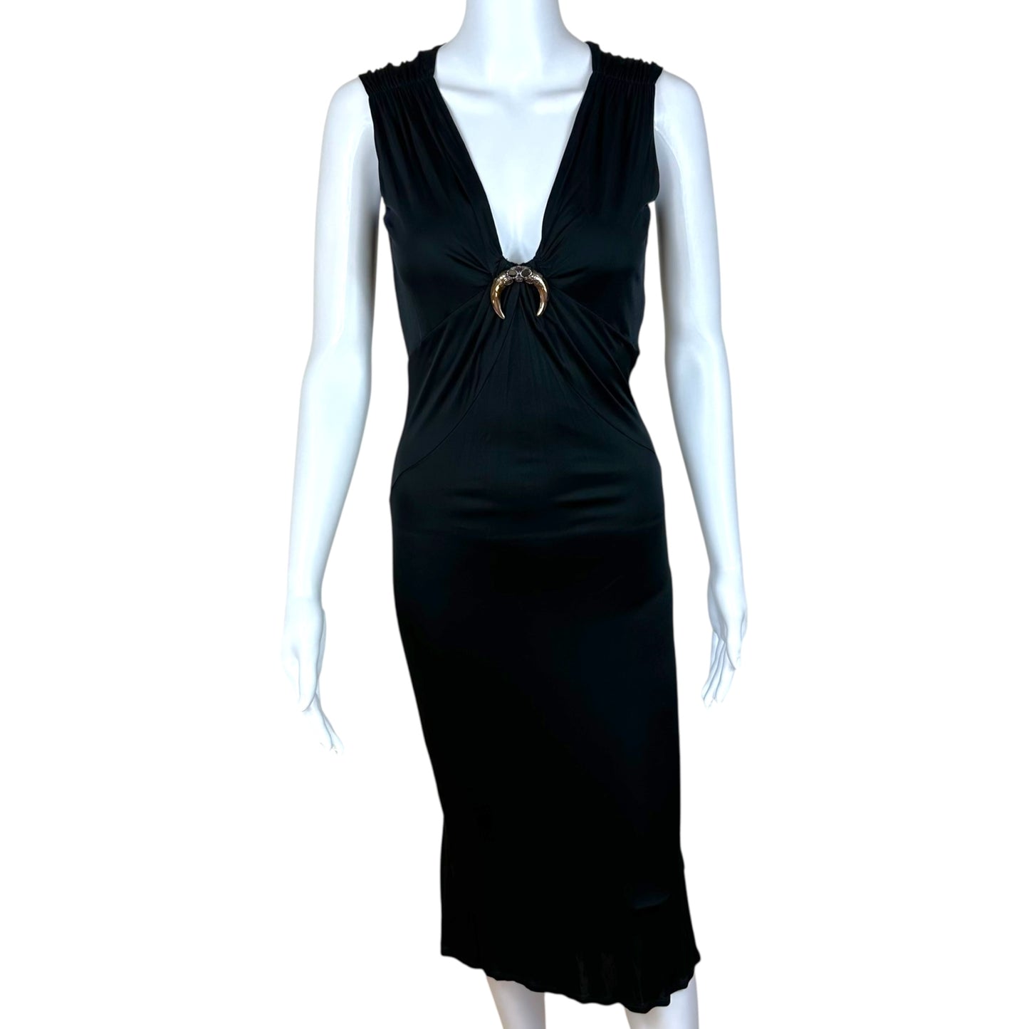 Roberto Cavalli Black Silk Knit Horn Embellished Midi Dress