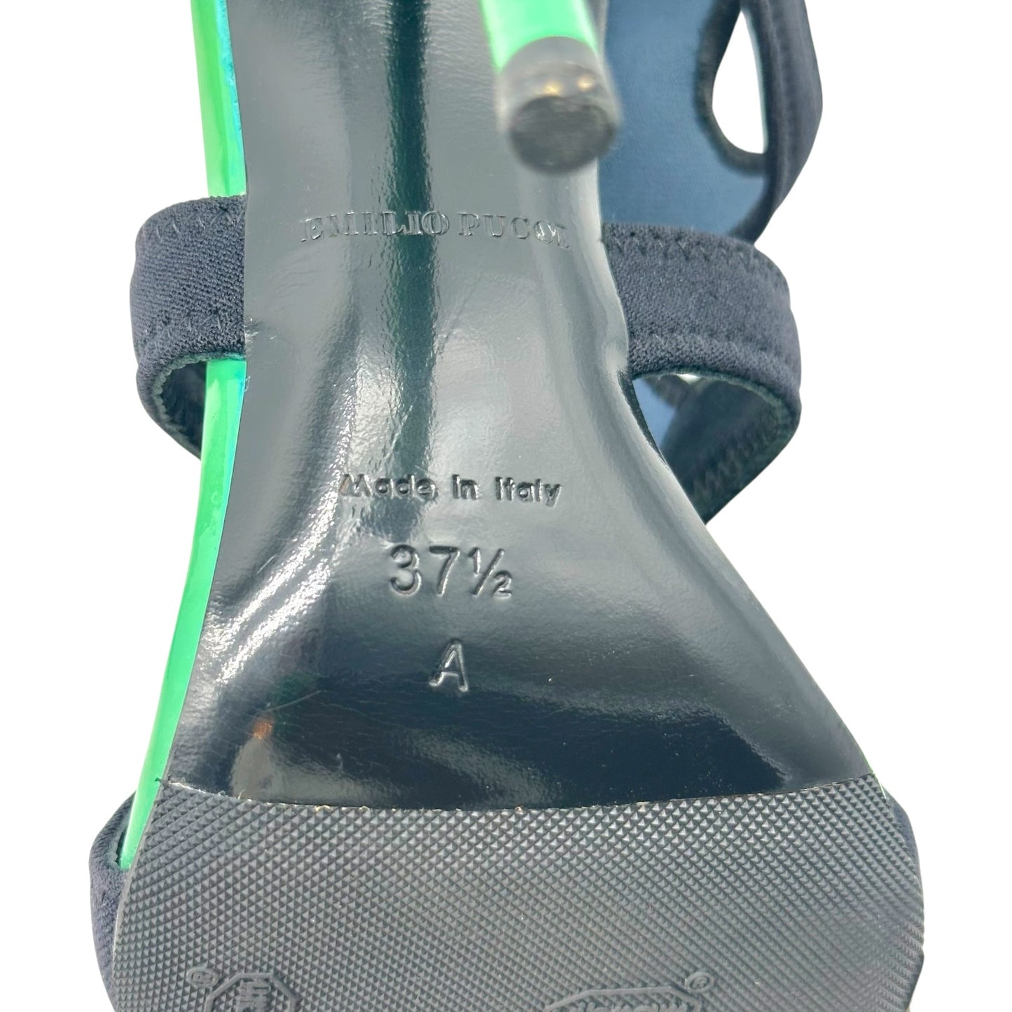 Emilio Pucci Green Patent Leather & Black Neoprene Strappy Stiletto Sandals