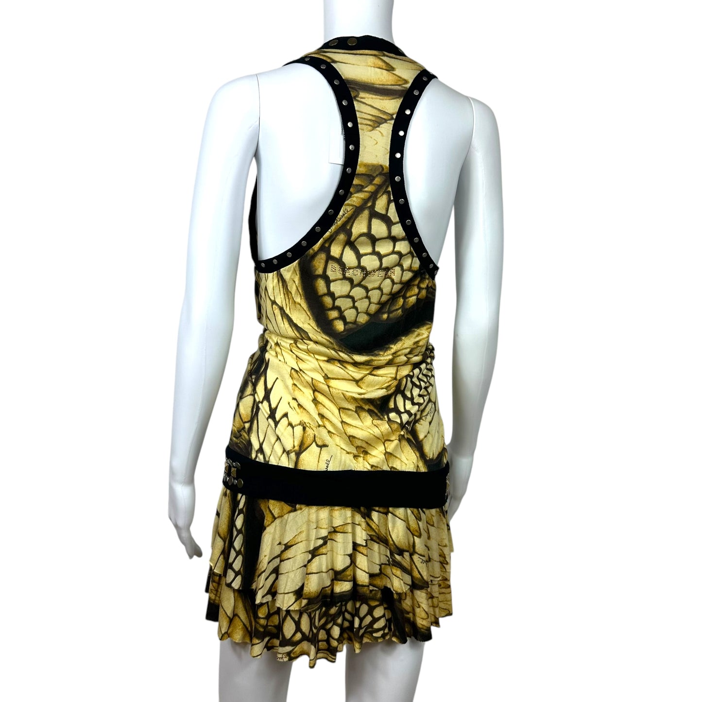 Roberto Cavalli Mini Dress Yellow Snake Print Studded