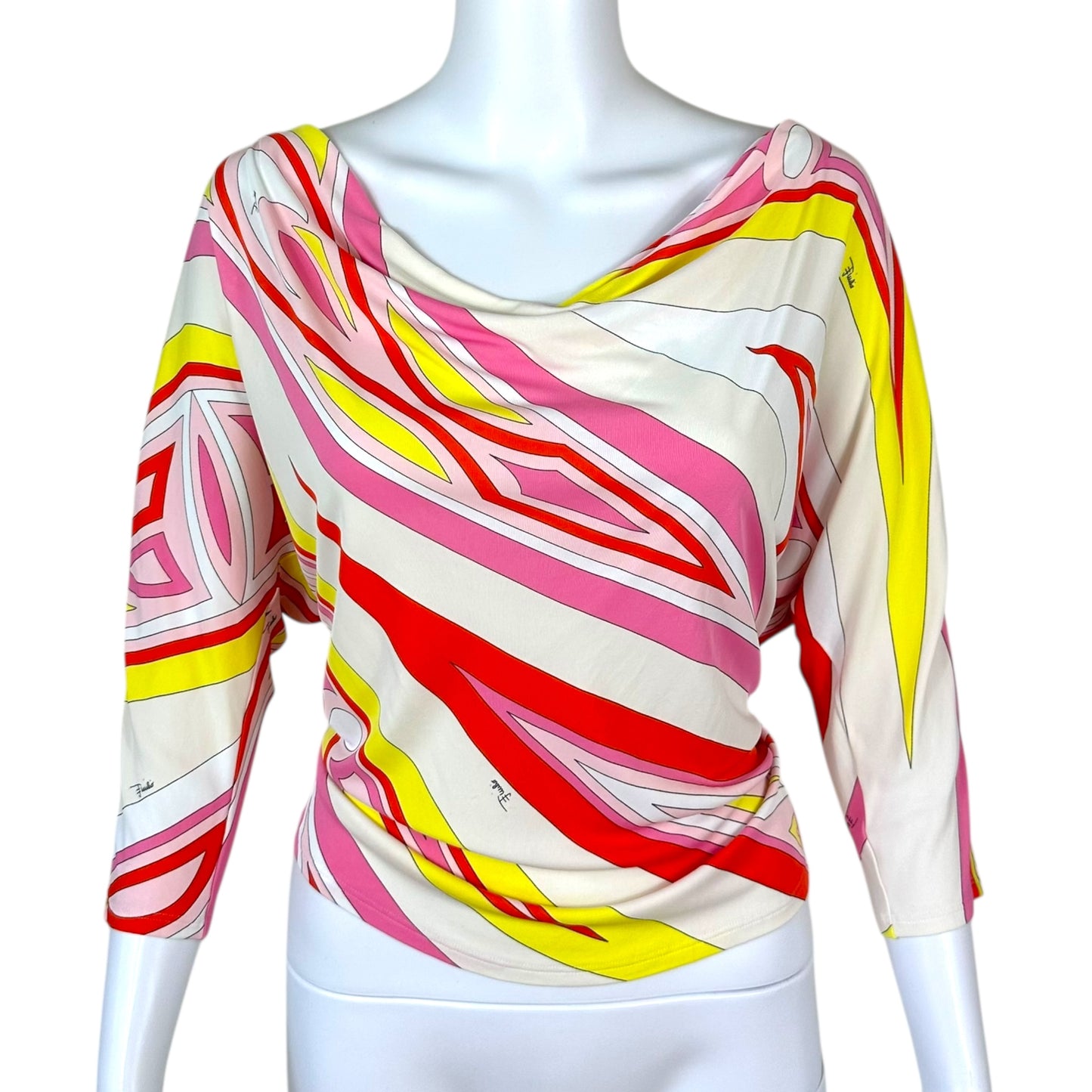 Emilio Pucci Pink & Yellow Printed Cowl Neck Blouse