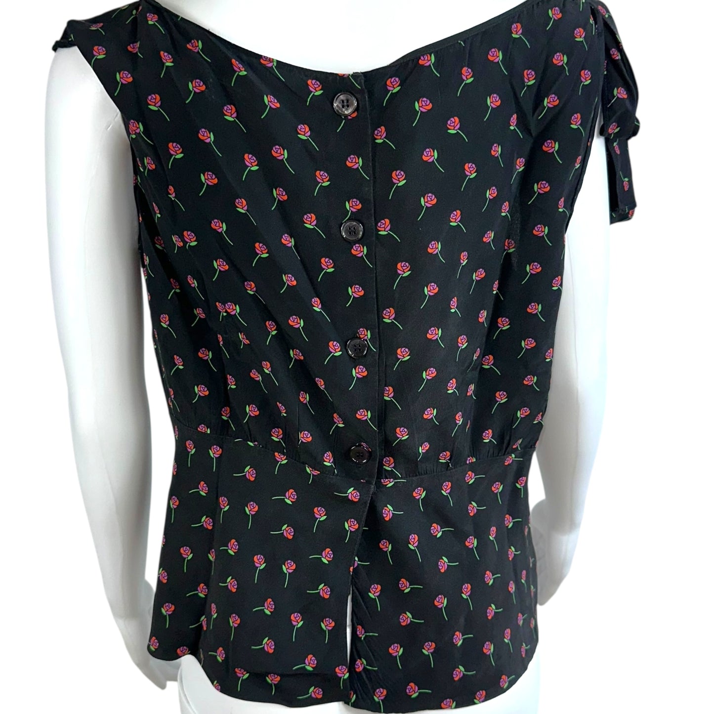 Prada Black & Pink Floral Print Sleeveless Silk Blouse