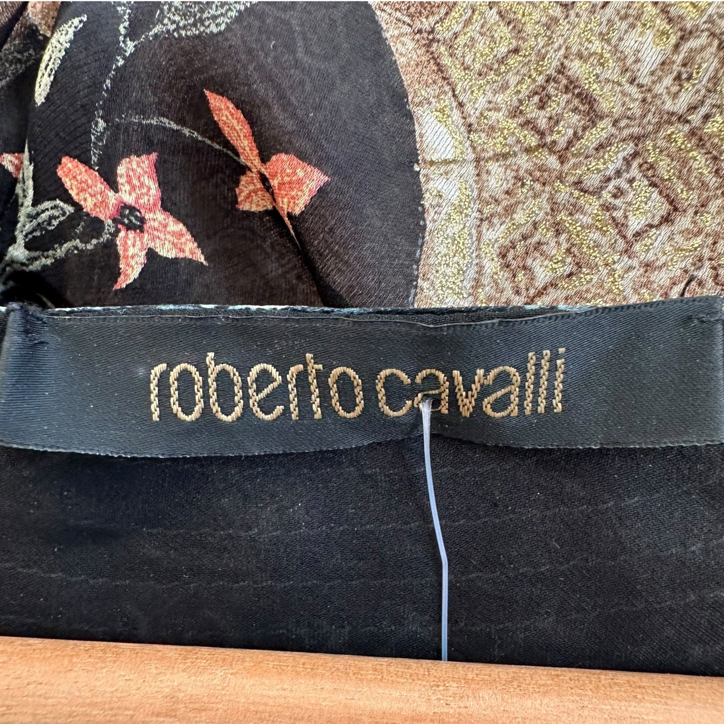 Roberto Cavalli 2006 Black Floral Print Ruffle Trim Silk Blouse