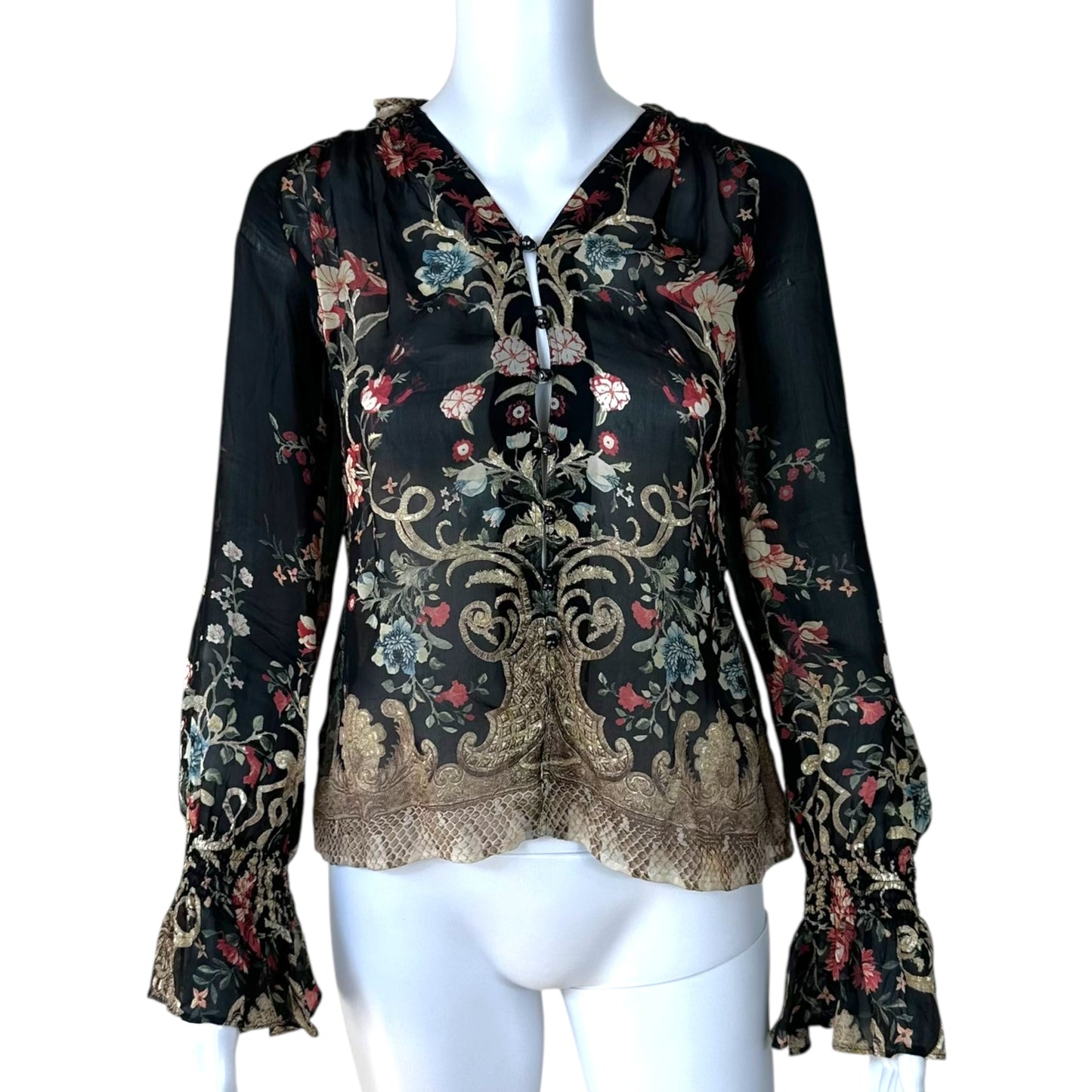 Roberto Cavalli 2006 Black Floral Print Ruffle Trim Silk Blouse