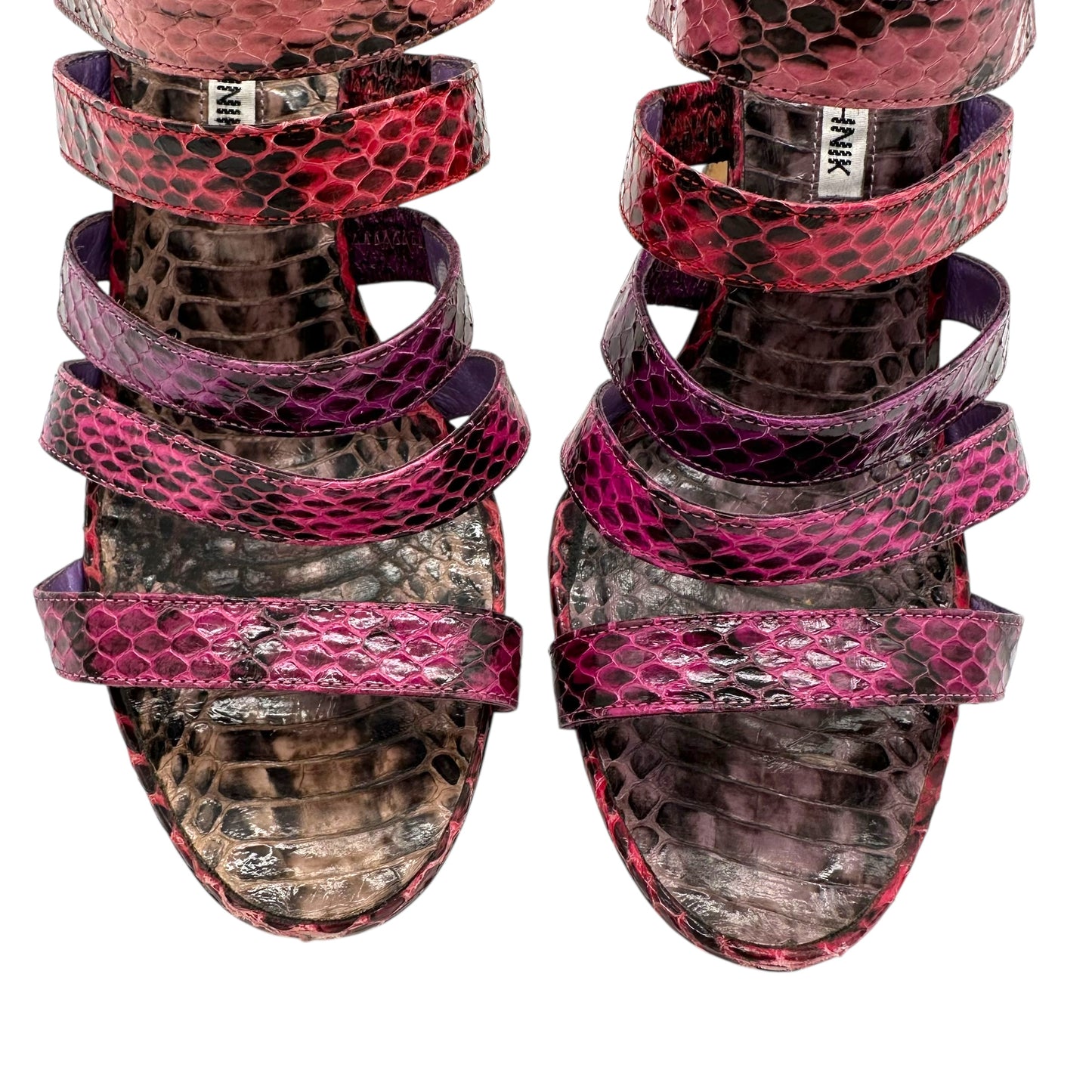 Manolo Blahnik Pink & Purple Strappy Snakeskin Mule Heels