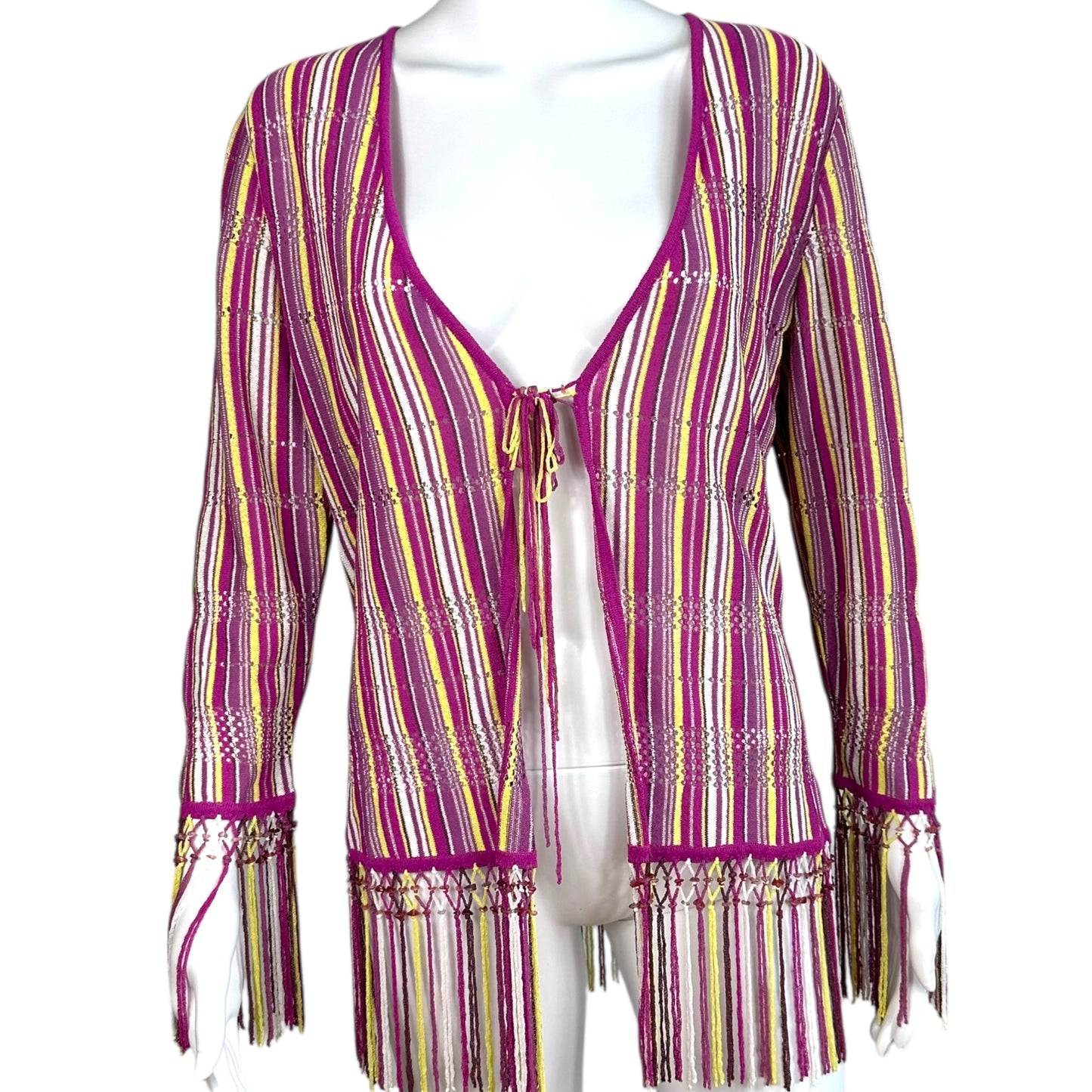 Escada Pink & Yellow Striped Beaded Fringe Cardigan